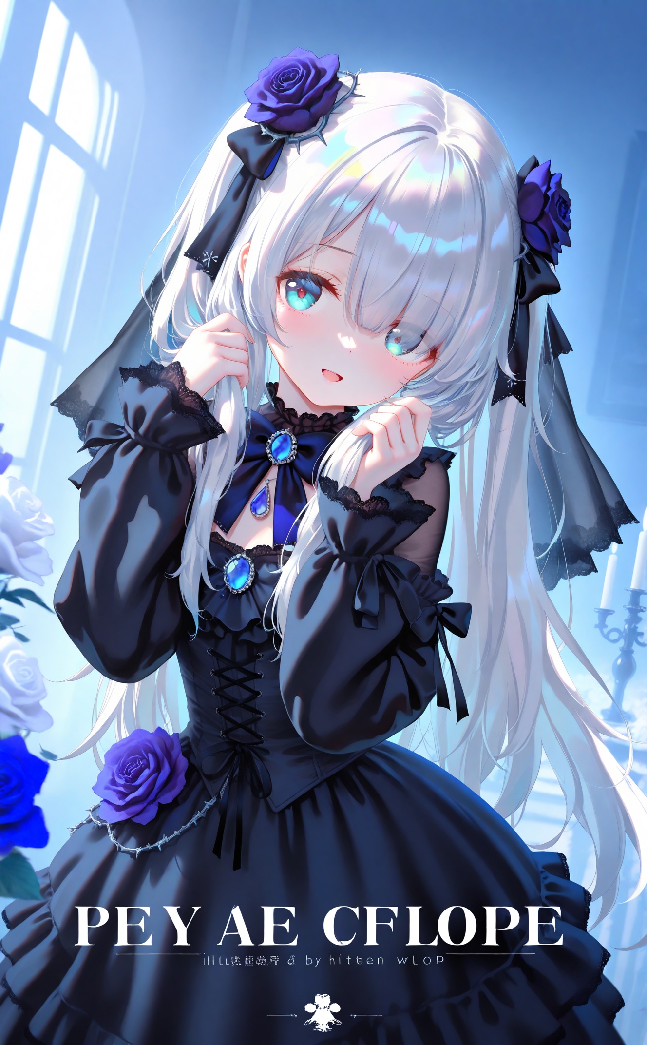 masterpiece,very aware,highres,absurdres,newest,best quality,petite,high quality,chromatic_aberration,cinematic_angle,dutch angle,//,artist:torino aqua,artist:rhasta,artist:wlop,artist:ke-ta,artist:hiten \(hitenkei\),//,loli,1girl flower skull dress black dress smile lolita fashion long hair rose candle solo bow gothic lolita looking at viewer black bow blue eyes blue flower long sleeves bangs fire black flower candlestand black rose animal blue rose cover grey hair puffy sleeves :d hands up hair ornament blush hair flower two side up sleeves past wrists hair between eyes cover page white flower brooch open mouth very long hair dog frills burning puffy long sleeves hair over one eye jewelry twintails white hair white rose veil english text hair bow blue fire blue theme parted lips glowing bowtie purple flower black bowtie plant aqua eyes frilled dress thorns gothic copyright name bone flame vines curtains indoors green eyes purple rose gem bug album cover,