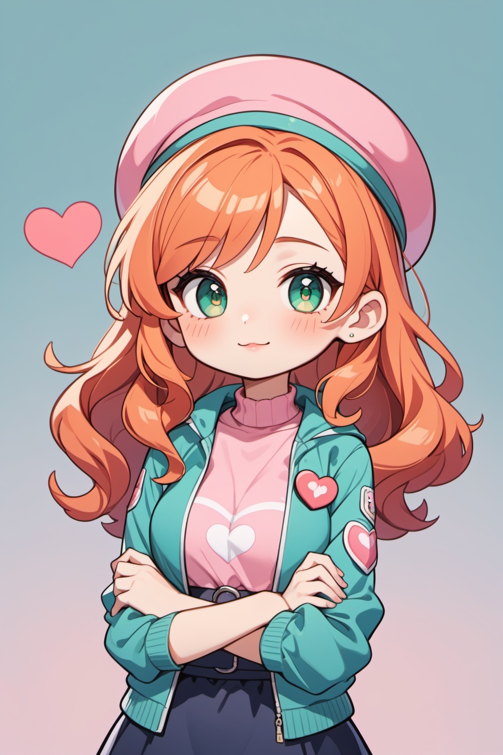 1girl,A vibrant animated female character with long wavy orange hair, green eyes, and a playful expression is dressed in a teal jacket with a heart patch and a pink beret. She's seen from the waist up and is posed with her arms crossed, exuding a sense of confidence,chibi,, masterpiece,best quality,very aesthetic,absurdres,