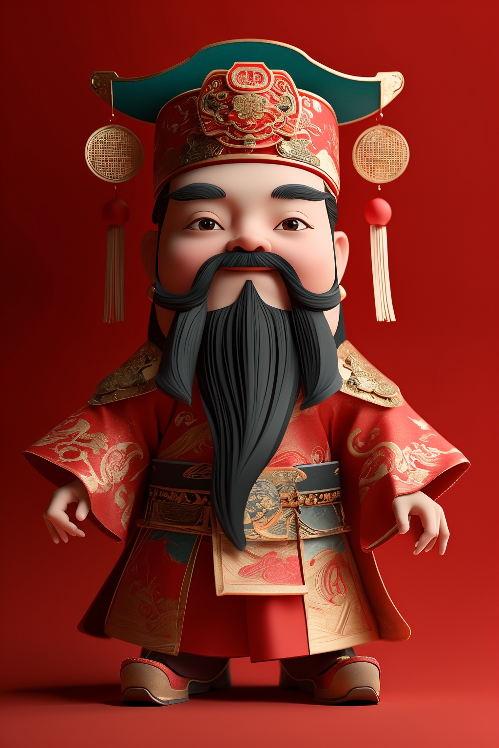 caishen,(hand:1.5),beard,Low Angle,Red background,<lora:caishen-000002:0.7>,Half of one's body,,solo,On one's feet,c4d,