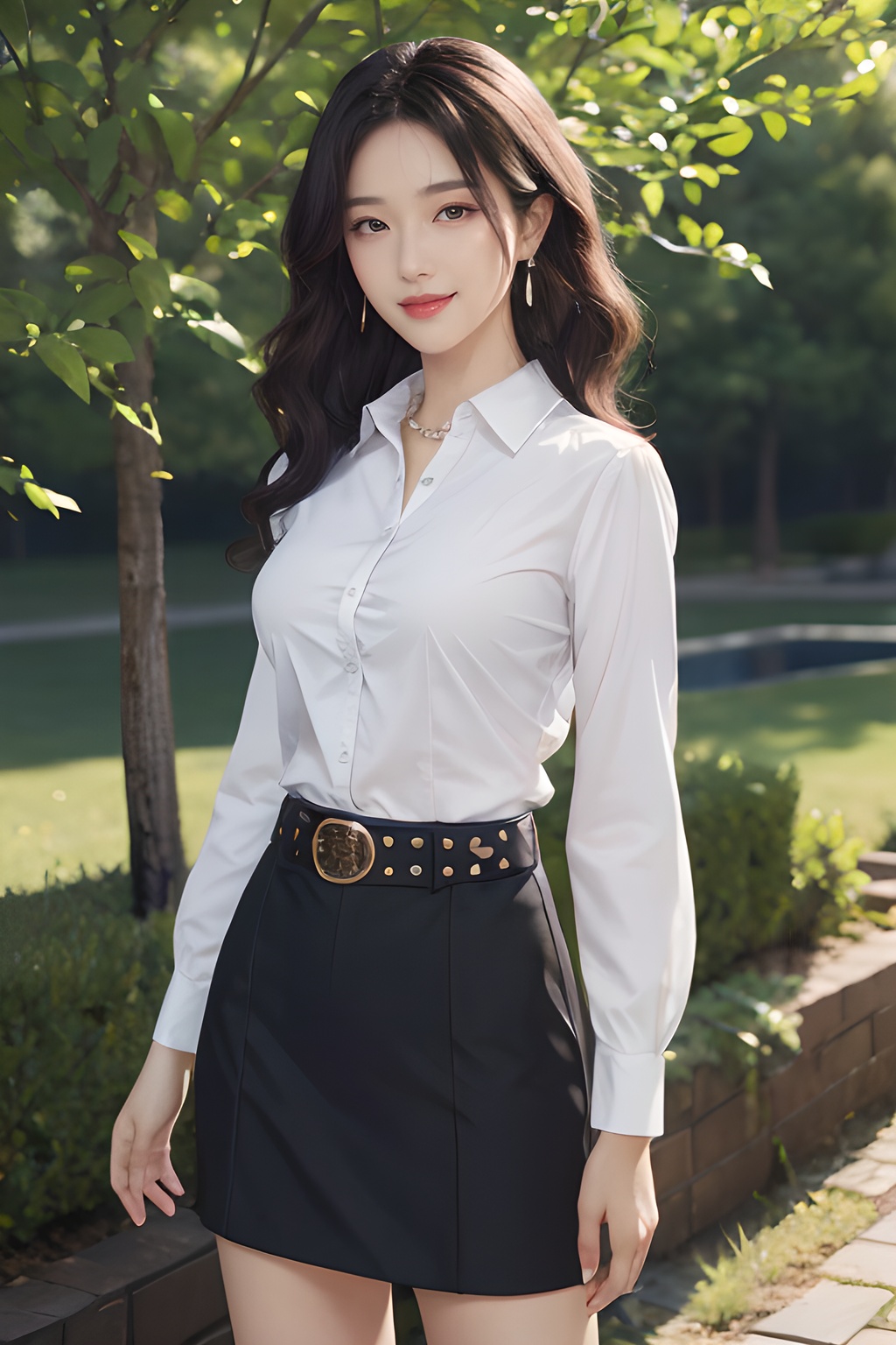 1girl,solo,artbook,(comic:1.2),cowboy_shot,character positive perspective,looking_at_viewer,black hair,stud earrings,necklace,breast,medium breast,collared_shirt,blazer,women's suit belt,skirt_suit,forehead,(Best quality,Masterpiece,Highly detailed,Ultra-fine painting,Extreme detail description,Professional,Vivid colors,8K),detailed skin texture,(blush:0.5),(goosebumps:0.5),outdoors,smile,wavy hair,long hair,depth of field,<lora:QYpifuV1:0.6>,