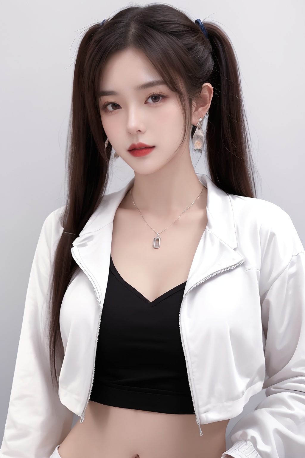 1girl, breasts, cleavage, crop top, earrings, jacket, jewelry, lips, long hair, looking at viewer, medium breasts, midriff, navel, necklace, realistic, red lips, solo, twintails, white jacket  <lora:美女1.0:1>