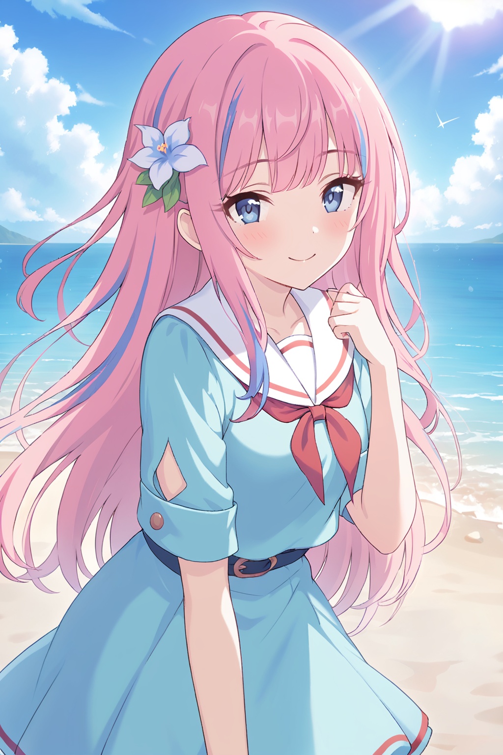 masterpiece,best quality,extremely detailed CG unity 8k wallpaper,Depth of field,cinematic lighting,backlighting,cel shading,anime screencap,long hair,beautiful detailed eyes,1girl,finely detail,(upper body:1.2),pink hair,(blue streaked hair:1.25),blue sky with cloud,sea,(flower near sea:1.5),seductive smile,random pose,solo,looking at viewer,ribbon,standing on beach,near water,blush,blunt bangs,blue water,<lora:pcr-xl-fp8-lokr-v2:0.8>,