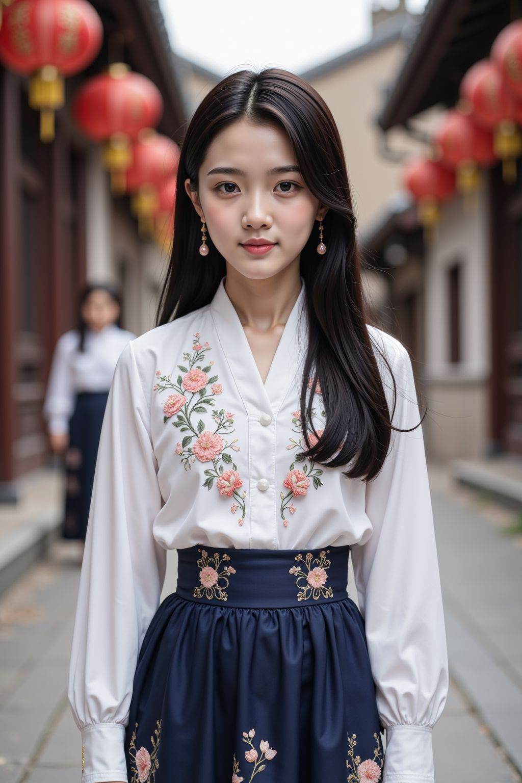HDR photo of cinematic film still this photograph features a young girl with long,straight black hair and fair skin,standing on a traditional Chinese street. She wears a white blouse with intricate floral embroidery and a high-waisted,navy-blue skirt adorned with floral patterns. The street is lined with red lanterns and traditional wooden buildings,with another girl in the background. The scene is well-lit,suggesting daytime.,