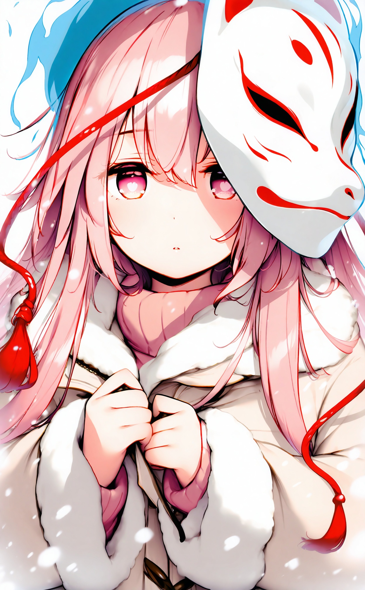 masterpiece,highres,absurdres,newest,best quality,loli,petite,high quality,chromatic_aberration,aqua theme,//,1girl, solo, mask, long_hair, fox_mask, pink_hair, coat, hata_no_kokoro, pink_sweater, sweater, long_sleeves, white_background, turtleneck_sweater, upper_body, pink_eyes, turtleneck, looking_at_viewer, fur-trimmed_sleeves, alternate_costume, simple_background, fur_trim, expressionless, winter_clothes, holding, brown_coat, holding_mask, tassel, ribbed_sweater, winter_coat, parted_lips, fur-trimmed_coat, duffel_coat, snowing, contemporary, pink_coat, mask_on_head, one_eye_covered, hair_between_eyes, sidelocks, casual//,<lora:keta——【noob】hans:1>,