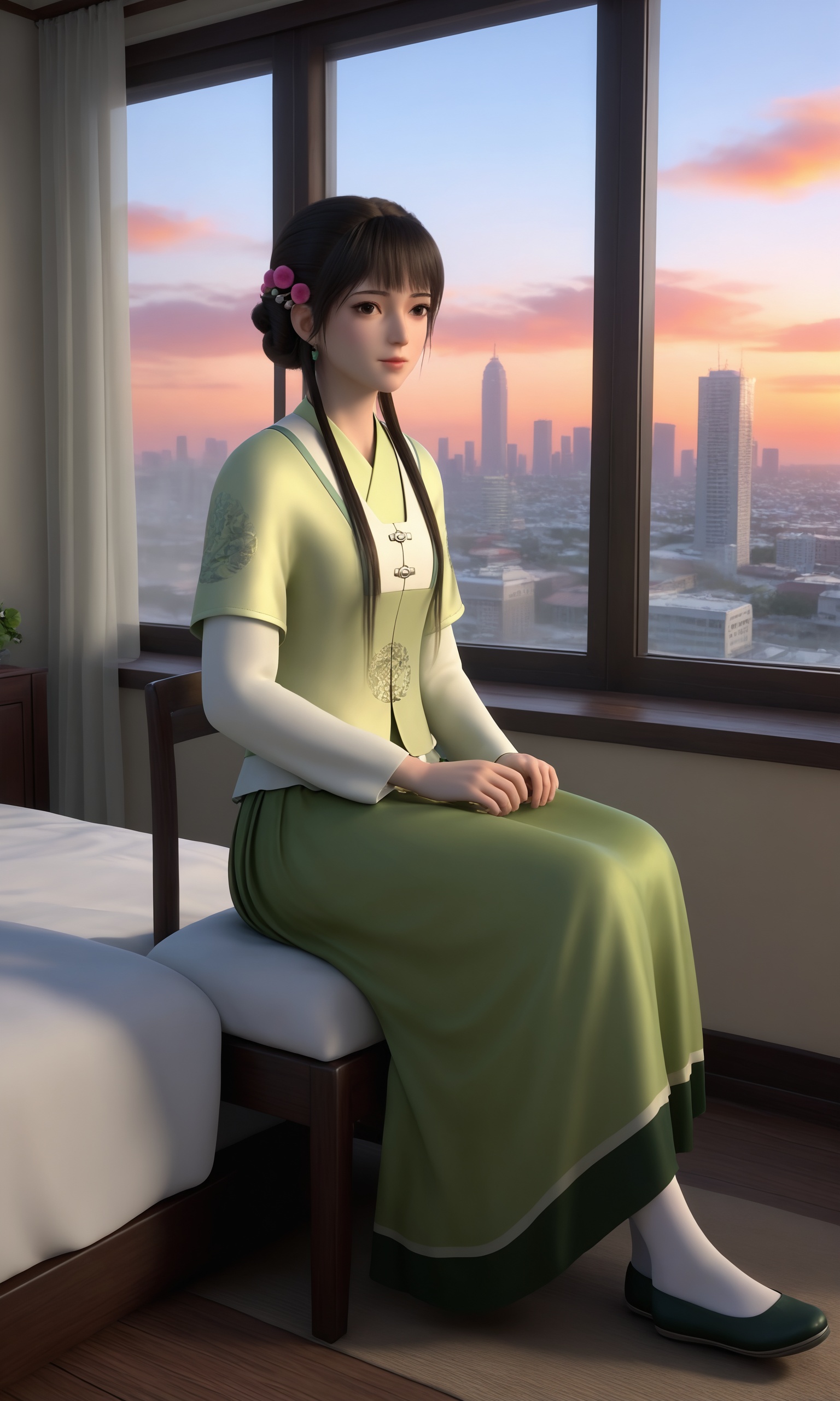 <lora:回明-韩幼娘-绿衣Pony:0.8>,1girl,straight brown hair,bangs,two braids adorned with pink flowers,traditional,light green dress,long sleeves,white undershirt,green sash with tassels,long,olive-green and dark green skirt,white socks,dark green flat shoes,, 1girl,solo,sitting,window,frills,sky,cloud,indoors,cityscape,closed_mouth,sun,looking at viewer,