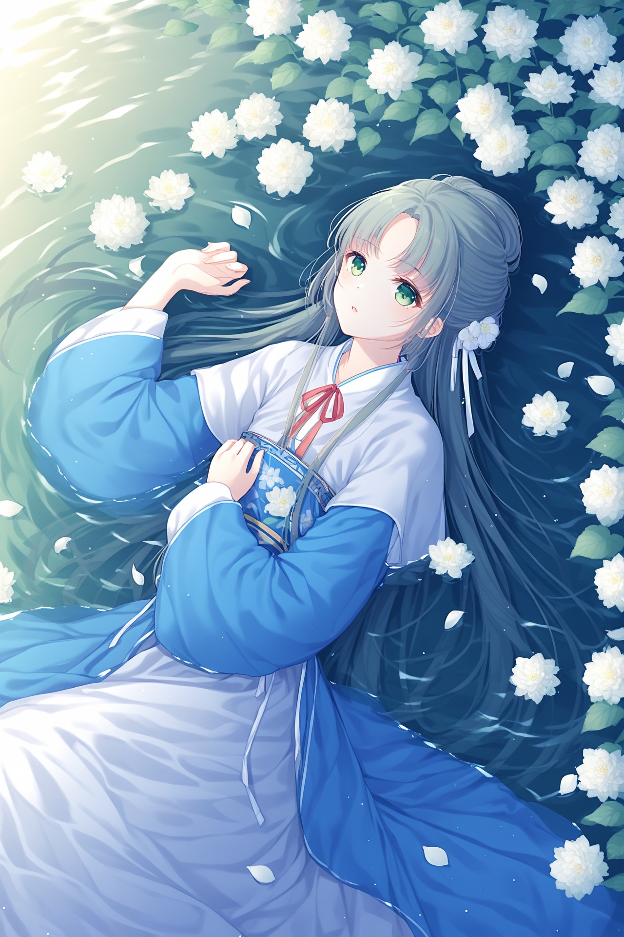 hanfu,1girl,solo,flower,long hair,green eyes,water,white flower,lying,looking at viewer,parted bangs,dress,long sleeves,petals,on side,partially submerged,ribbon,<lora:hansxl-gufeng:1>,