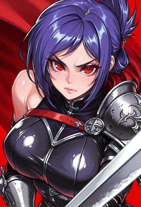 best quality, masterpiece, sfw,n0m0, anime, cartoon, shiny skin, shiny,close-up shot, view from aside,solo, holding sword, dynamic fighting pose,1girl, sabia, human, purple hair, red eyes, folded ponytail,armor, single shoulder armor, cape, single bare shoulder, clothed,large breasts,  looking at viewer, closed mouth,