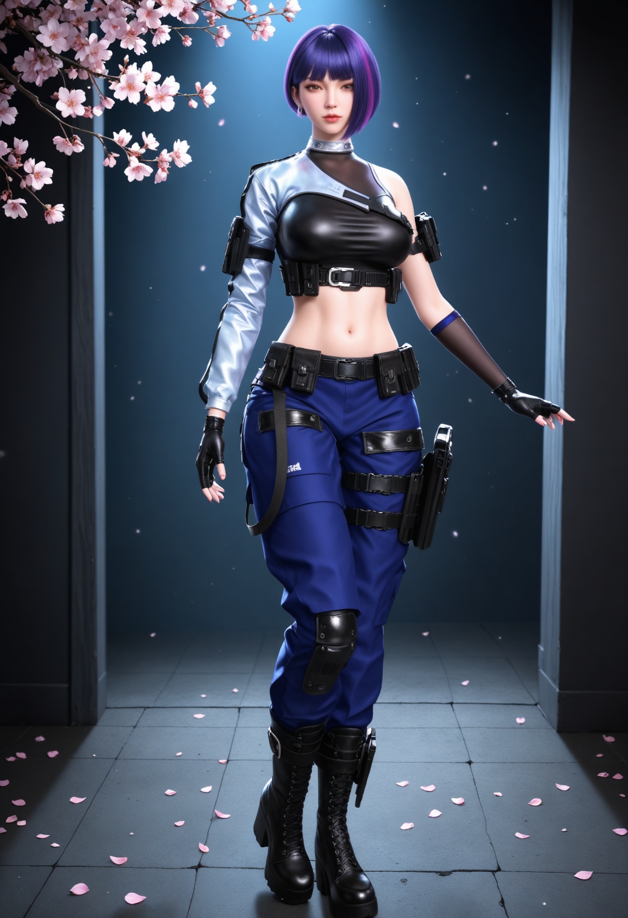 (full_body:1.2),(gigantic breasts:0.6),Perky boobs,(looking at viewer:1.1),facing viewer,direct gaze,(masterpiece:1.1),(best quality:1.2),(intricate details),(smog:1.3),(Dark room:1.3),(dim lighting:1.3),peach blossom,falling petals,<lora:YQ_Illustrious光辉v5_雨墨_V1:0.8>,1girl,q1528437228,solo,short hair,purple hair,crop top,gloves,pants,belt,boots,holster,blunt bangs,police uniform,multicolored hair,jewelry,earrings,belt pouch,brown eyes,knee pads,thigh holster,masterpiece,(best quality),(intricate details:0.9) BREAK (intricate details:0.9),(realistic skin:1.2),masterpiece,best quality,newest,absurdres,hiahres,