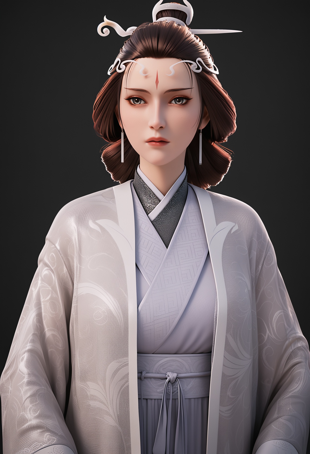 (upper_body:1.2),score_9,score_8_up,masterpiece,(best quality),intricate details,facing viewer,(looking at viewer:1.1),<lora:YQ_pony_shuiyue_V4:0.8>,q1528437228,solo,1girl,black hair,jewelry,earrings,chinese clothes,facial mark,hair ornament,forehead mark,hanfu,long sleeves,makeup,wide sleeves,hair bun,hair stick,long hair,red lips,updo,japanese clothes,black eyes,blue eyes,robe,brown eyes,brown hair,kimono,sash,grey eyes,korean clothes,single hair bun,BREAKscore_9,score_8_up,masterpiece,(best quality),perfect anatomy,(hourglass),perfect face,(simple background,pure black background,black background:1.1),fair_skin,shiny_skin,Ivory_skin,