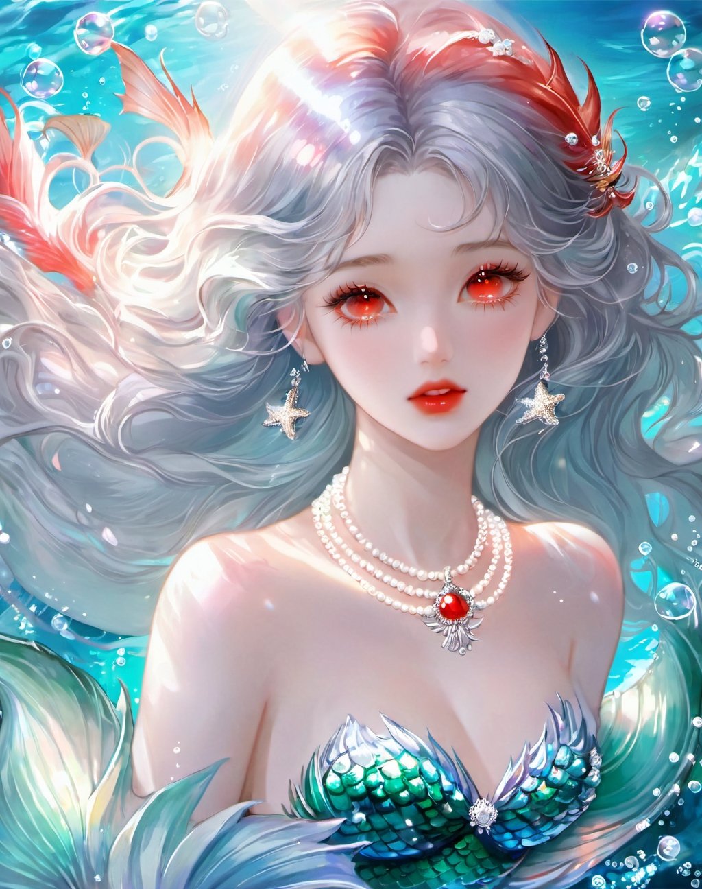 highly detailed,ultra-high resolutions,32K UHD,best quality,masterpiece,exquisite style, 1girl, shell, mermaid, A serene mermaid with silver hair, red eyes, and a pearl necklace is surrounded by shimmering waters and ethereal bubbles.<lora:Exquisite style-000007:0.9>,