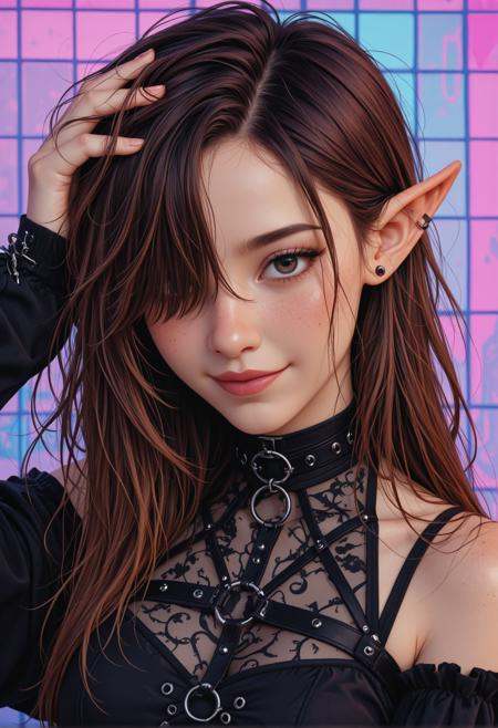 seductive, intimate, provocative, grunge, vaporwave, gothic, dark fantasy, asian, woman, detailed eyes, brown hair,upper body angle, edgy aesthetic, detailed,washed-out lipstick, hand on hair, stare, looking at viewer, hair behind ear, shy, smile, elf ears, small ears, hair over eye, veryn long asymmetrical bangs, messy hair,