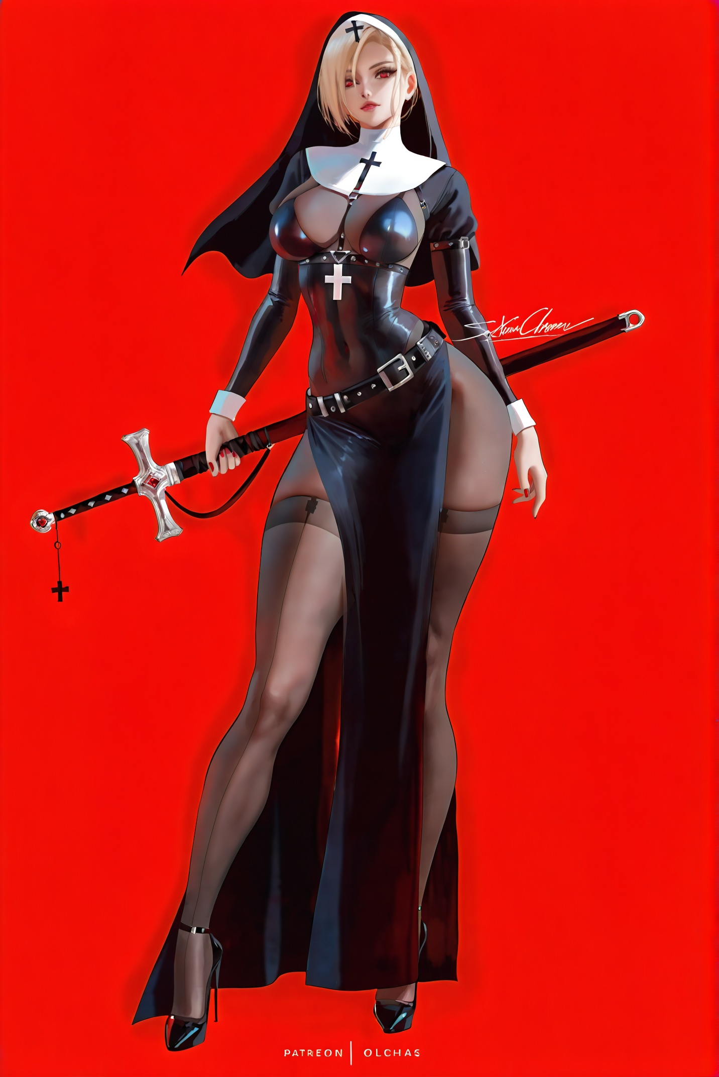 masterpiece,best quality,artist:zd_1995,artist:OlchaS,artist:sakimichan,sakimichan \(style\),<lora:jijia-gnoobv-Tanger-000014:0.7>,jijia,2d,anime,1girl,solo,breasts,holding,high heels,red background,nun,red eyes,full body,simple background,large breasts,cross,blonde hair,dress,habit,holding sword,sheathed,standing,covered navel,impossible clothes,short hair,side slit,belt,jewelry,looking at viewer,a woman dressed as a nun holding a sword,