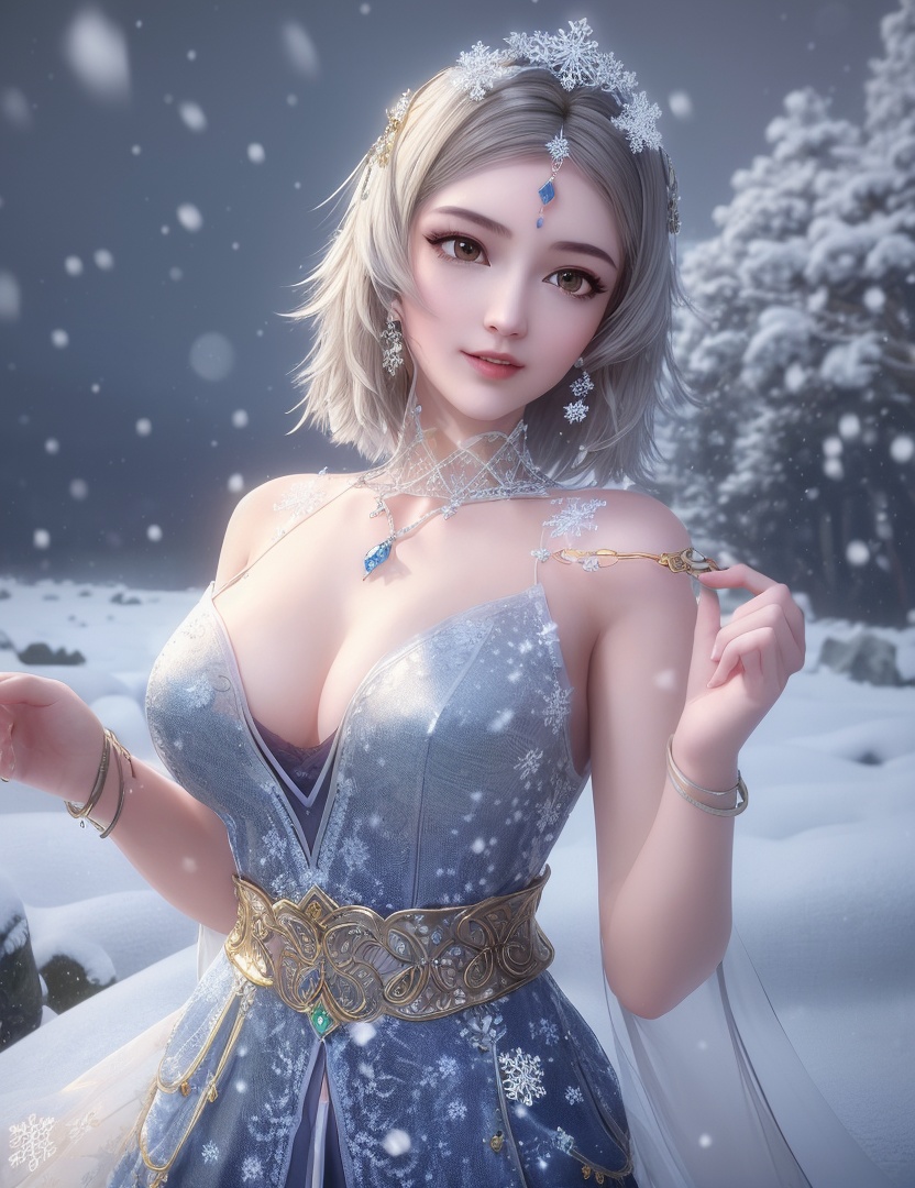 ultra realistic 8k cg, flawless, clean, masterpiece, professional artwork, famous artwork, cinematic lighting, cinematic bloom, perfect face, beautiful face, fantasy, dreamlike, unreal, science fiction,   lace, lace trim, lace-trimmed legwear, luxury, jewelry, diamond, gold, pearl, gem, sapphire, ruby, emerald, intricate detail, delicate pattern, charming, alluring, seductive, erotic, enchanting, hair ornament, necklace, earrings, bracelet, armlet,halo,autumn,((,1girl, pov,best quality, ))  , ((((1girl, solo,outdoors, large breasts,,snowflakes,  snow, snowing,   ))))    <lora:DA_BaiCai:0.7>