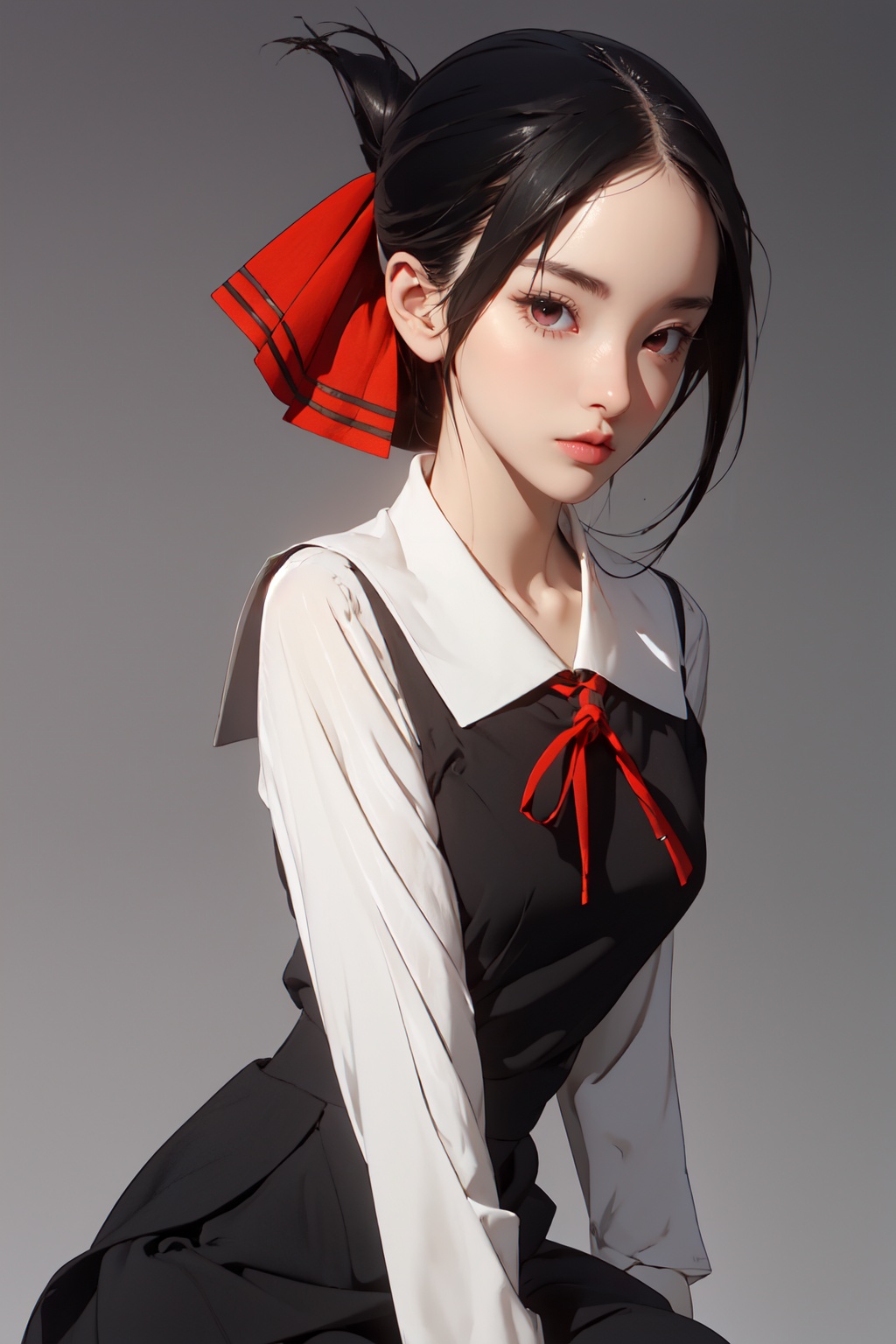 1girl,looking at viewer,solo,black hair,short hair,folded ponytail,red eyes,shuuchiin academy school uniform,dress,ribbon,red ribbon,socks,black socks,hair ribbon,black dress,kneehighs,shoes,long sleeves,<lora:Kaguya:0.8>,Kaguya_CYQL,portrait,beautiful face,beautiful eyes,glossy skin,shiny skin,grey background,simple background,posing in front,masterpiece,best quality,beautiful and aesthetic,contrapposto,female focus,wallpaper,fashion,
