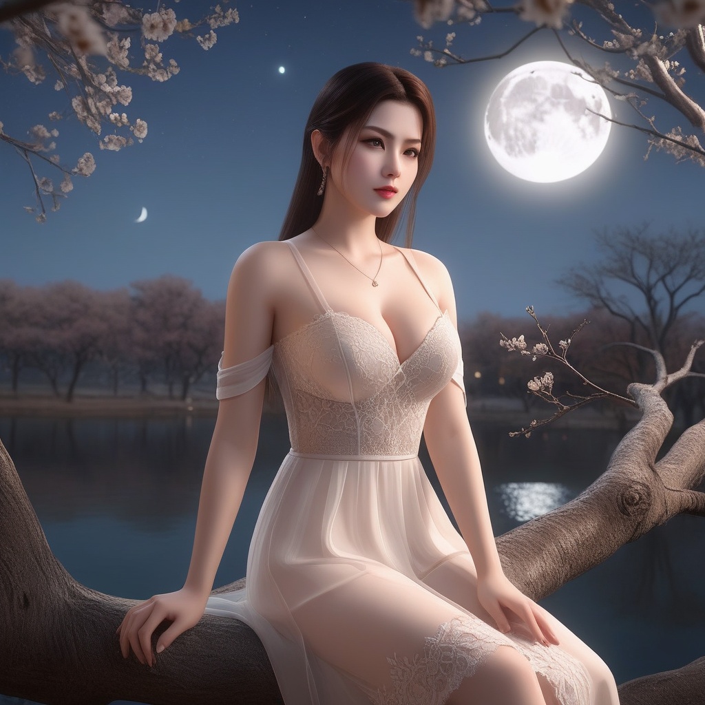 <lora:850-DA-XL-斗破苍穹-美杜莎-红色睡衣:0.8>, (,1girl, ,best quality, ),,  ,ultra realistic 8k cg, ,masterpiece, (( , )),, ,fiction,mole,,      ,(cleavage),,  (),  ,see-through, lace, (((, solo, moon, , bare_tree, )))(cleavage),(sit),
