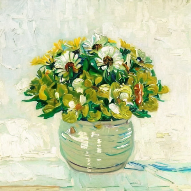 masterpiece,best quality,<lora:Van Gogh style:1.2>,oil painting,brush strokes,van gogh,potting,flower,yellow flower,green leaf,white flowerpot,white background,