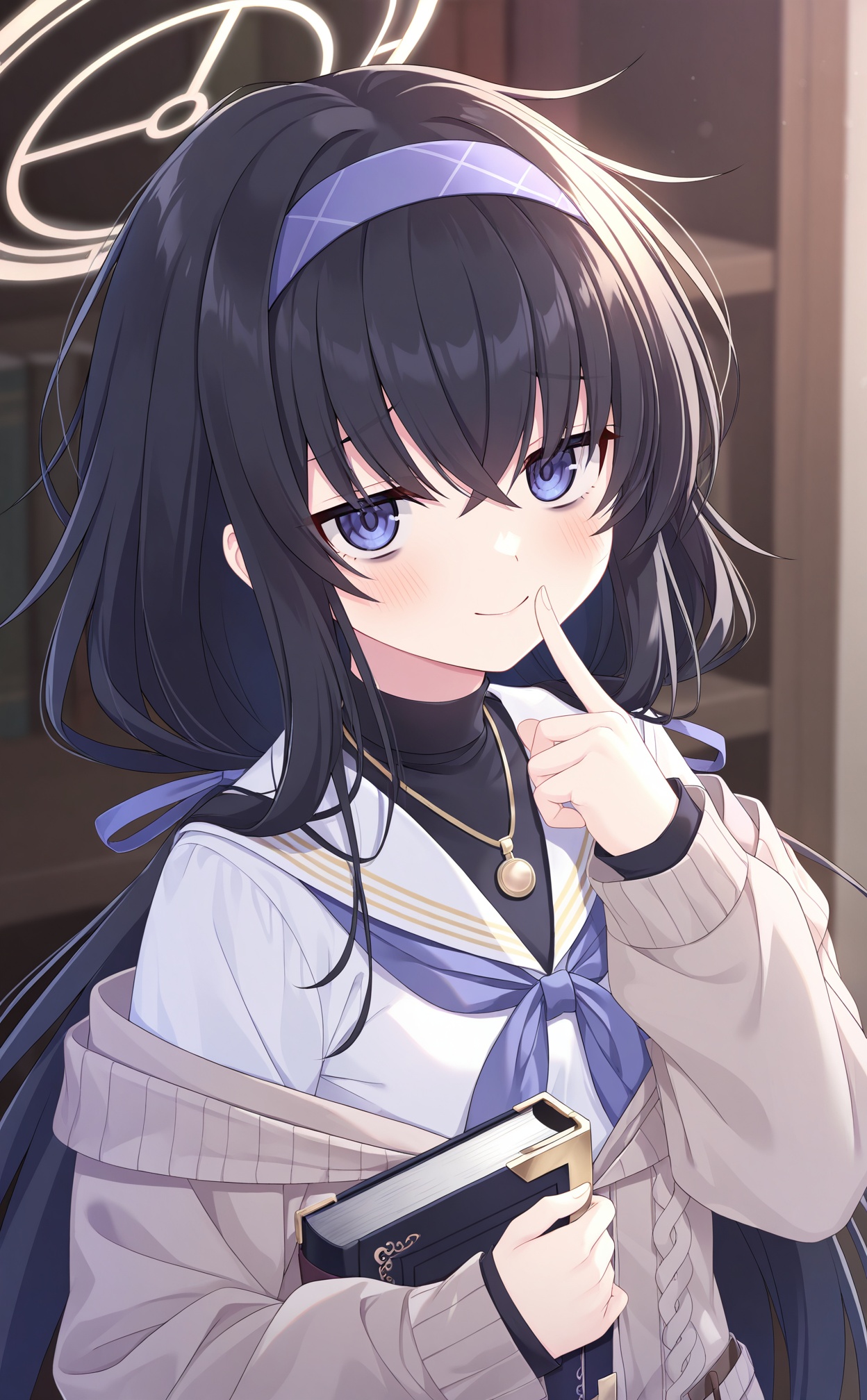 masterpiece,very aware,highres,absurdres,newest,best quality,high quality,loli,petite,chromatic_aberration,//,1girl,ui_\(blue_archive\),halo,solo,book,black_hair,blue_eyes,holding_book,hairband,long_hair,blue_hairband,bags_under_eyes,jewelry,looking_at_viewer,neckerchief,school_uniform,blue_neckerchief,holding,cardigan,long_sleeves,upper_body,finger_to_mouth,black_undershirt,sailor_collar,necklace,grey_cardigan,white_sailor_collar,serafuku,hair_between_eyes,white_serafuku,smile,yellow_halo,sweater,blush,index_finger_raised,pendant,shirt,//,<lora:kz——【noob】hans-000002:0.8>,