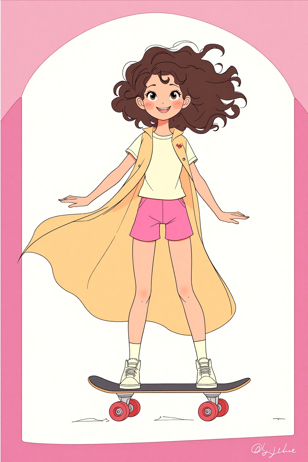 beijihui,A cartoon drawing of a girl on a skateboard. The girl is wearing pink shorts and a yellow shirt. She is standing on a black skateboard with red wheels. She has a long yellow cape over her shoulders. Her brown curly hair is blowing in the wind. Her arms are out to her sides. Her eyes are open and she has a smile on her face. The background is white with pink trim.