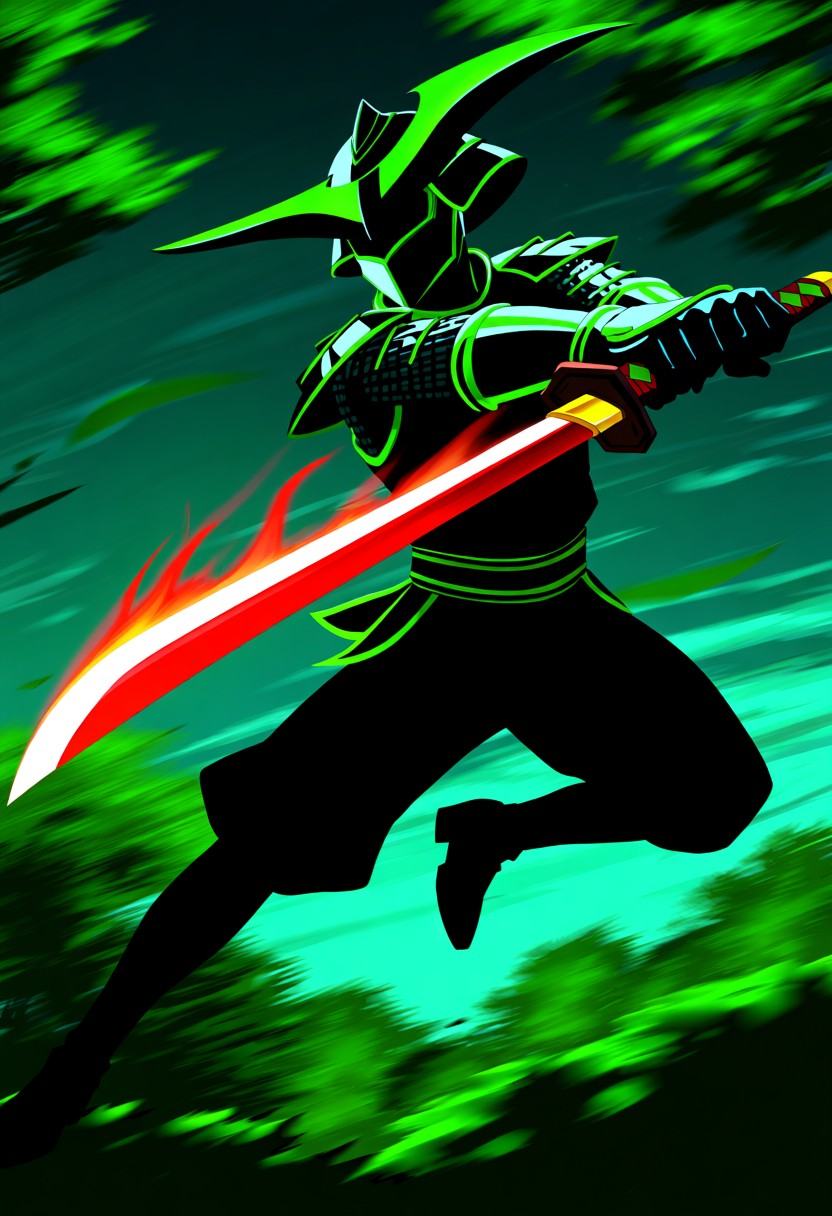 A male samurai revenant,  a blade-dancer of burning motion,  charges through a dense night forest wielding a katana whose...