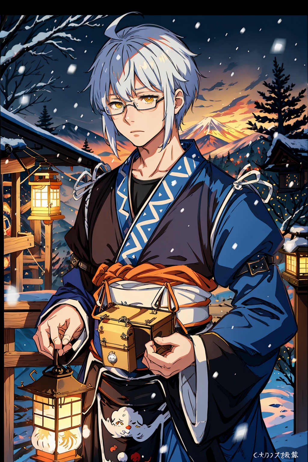 masterpiece, best quality,<lora:MorichikaRinnosuke:1>,morichika rinnosuke, 1boy, solo, male focus, letterboxed, glasses, snow, lantern, ahoge, yellow eyes, snowing, mountain, tree, long sleeves