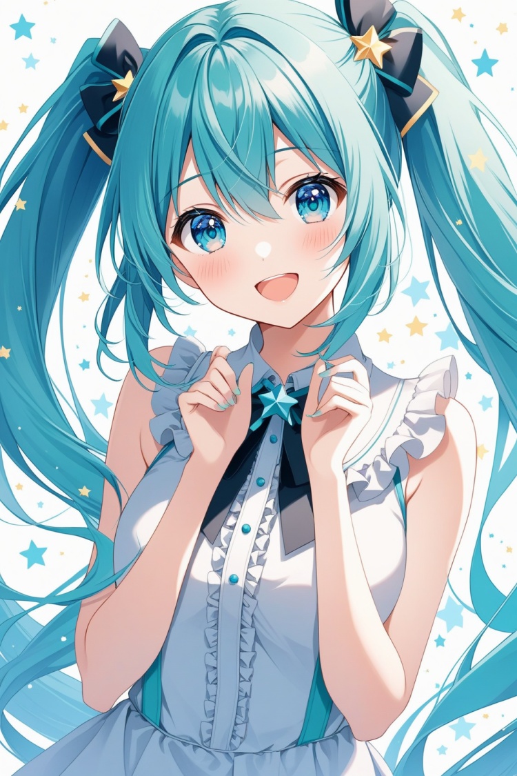 1girl, solo, long hair, looking at viewer, blush, smile, open mouth, bangs, blue eyes, simple background, shirt, hair ornament, white background, hair between eyes, bare shoulders, twintails, very long hair, blue hair, upper body, :d, frills, sleeveless, star \(symbol\), hands up, aqua hair, frilled shirt, starry background, hatsune miku