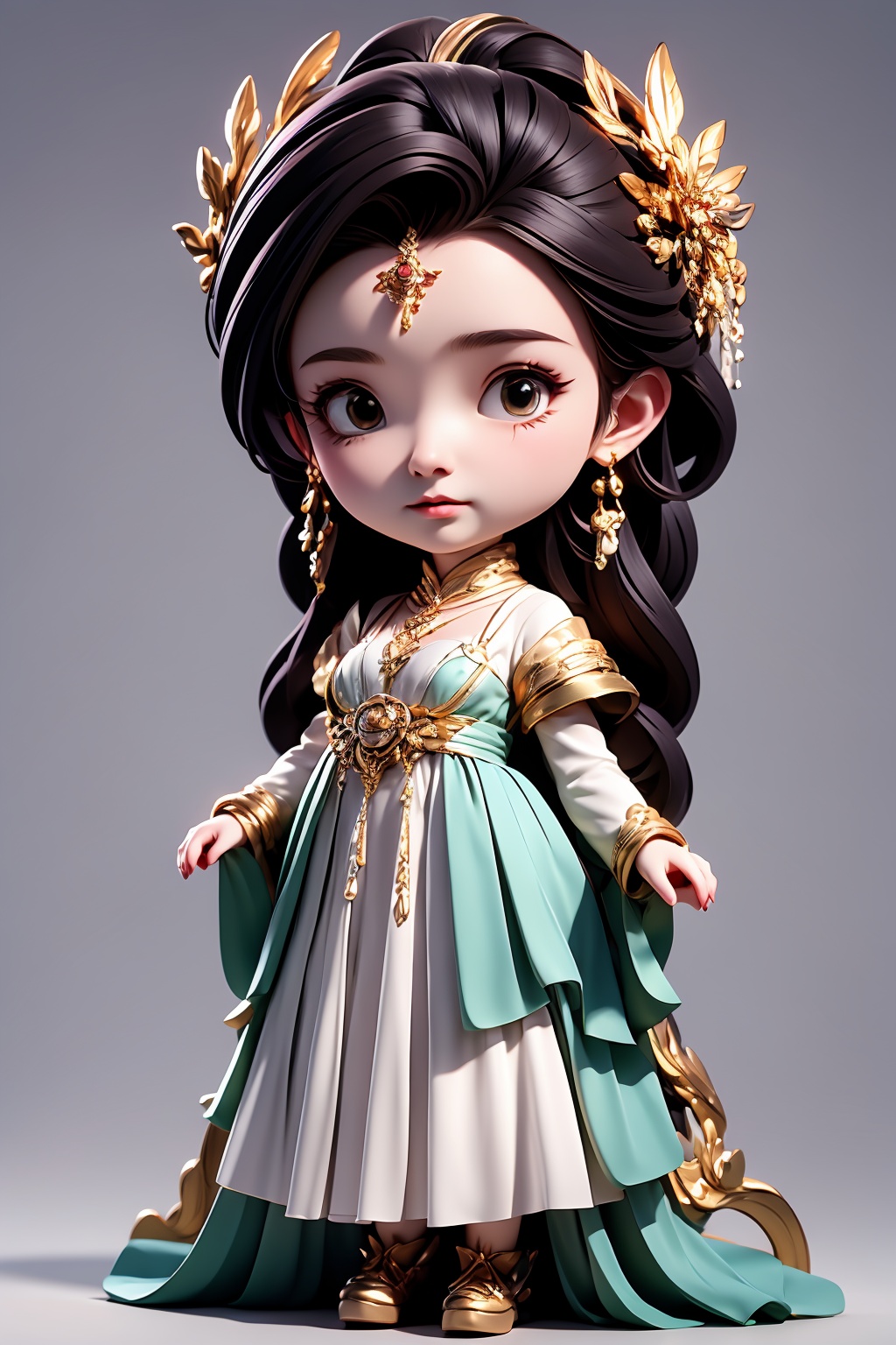 (extremely detailed:1.4), 1girl, solo, full body, jewelry, white background, dress, standing, earrings, 
