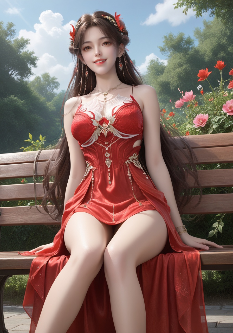 score_9,score_8_up,score_7_up,1girl,long hair,breast,medium breast,earrings,hair_ornament,dress,brown hair,brown eyes,high quality,realistic,thick_thighs,red dress,<lora:wy_huolinger_ts_XLcs:0.8>,gaden,sitting,bench,flower,from_below,grin,laughing,