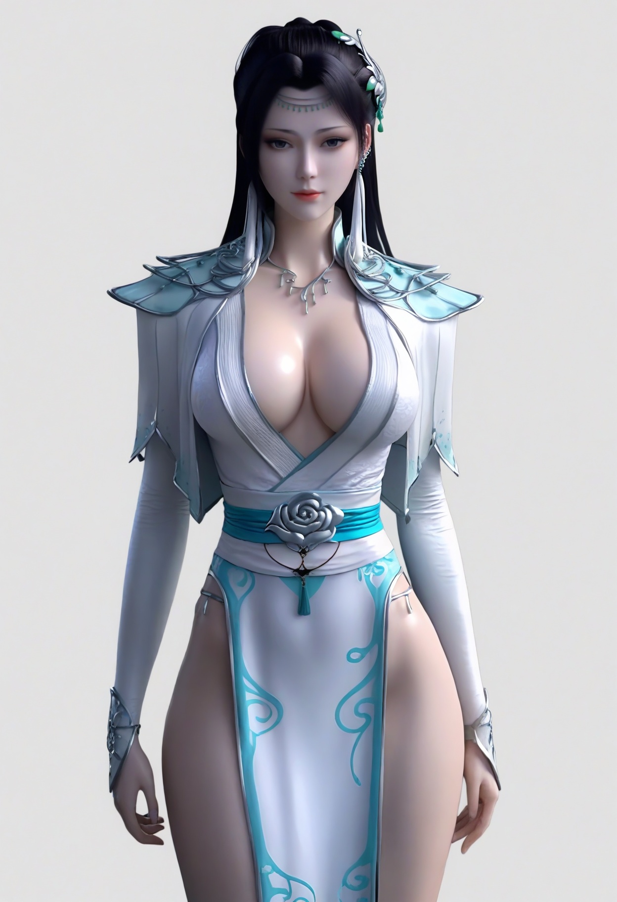 fair_skin,white_skin,Ivory_skin,<lora:SF_YunYunAbout3Years2_Pony_Realism2.3-000002:0.7>,hair ornament,black hair,1girl,standing,breasts,large breasts,dress,chinese clothes,solo,looking at viewer,simple background,white background,