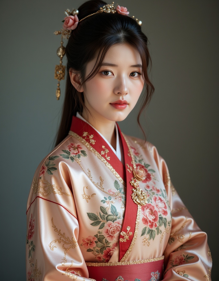 a real picture of a south korea woman,Longpao\(A traditional Chinese jacket,often worn by women).