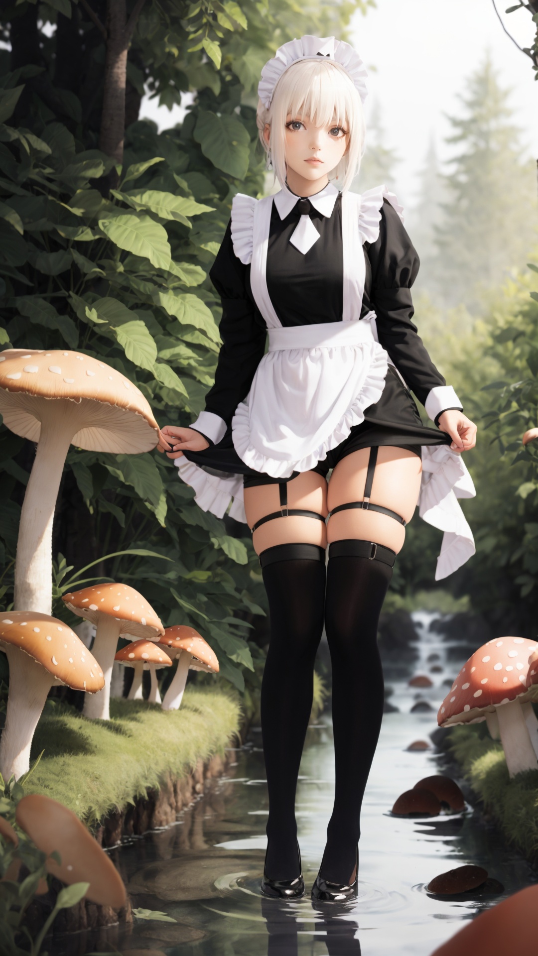 tutututu,apron,long sleeves,maid,maid apron,puffy sleeves,maid headdress,black shorts,black thighhighs,thigh strap,garter straps,<lora:tutututu_20240129122144-000005:0.85>,***** Alice in wonderland standing in stream,large mushrooms in background,highly detailed,Beautiful lighting,photoreal,4k,depth of field,night scene,light from godrays shining on ground,