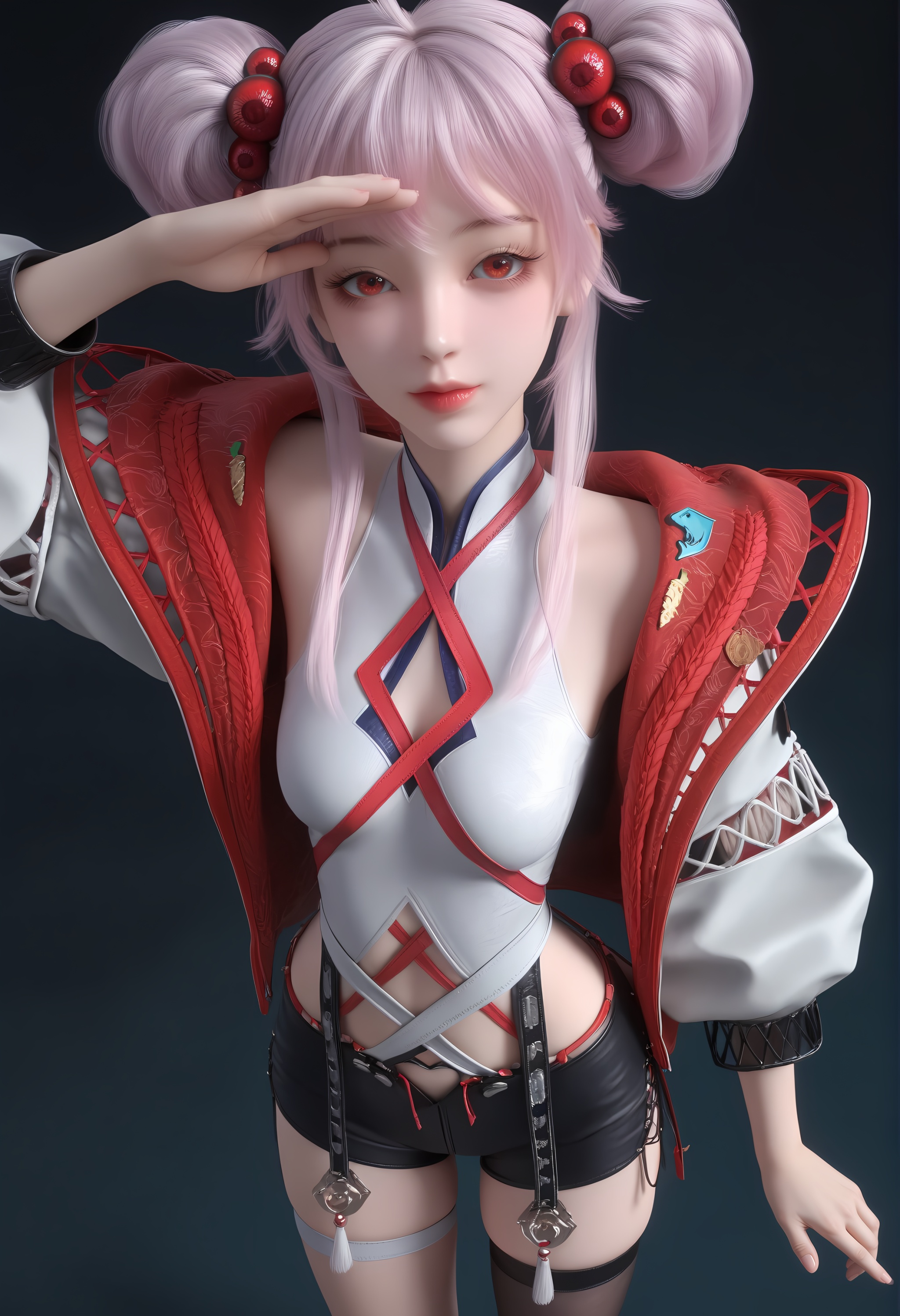 (score_9),<lora:炙珠-apony:0.85>,zizhu,1girl,solo,red eyes,double bun,hair ornament,pink hair,ahoge,open jacket,sleeveless topwear,puffy sleeves,short shorts,single thighhigh,thigh strap,(single_thighhigh),tassel,mature_female,collarbone,BREAK<lora:Expressive_H-000001:0.8>,light blush,Expressiveh,looking at viewer,front view,from above,salute,one side up,dutch angle,cowboy shot,standing,<lora:e肤色滑块:0.25>,fair_skin,(pale skin),ultra-detailed skin texture,detailed textures,<lora:皮肤凹痕:1.2>,<lora:RealisticSkinv1_ponyv6_loraplus:0.3>,real skin,BREAKsimple background,black background,<lora:e色温:0.25>,4K ultra HD,sharp focus,high detail,high contrast,