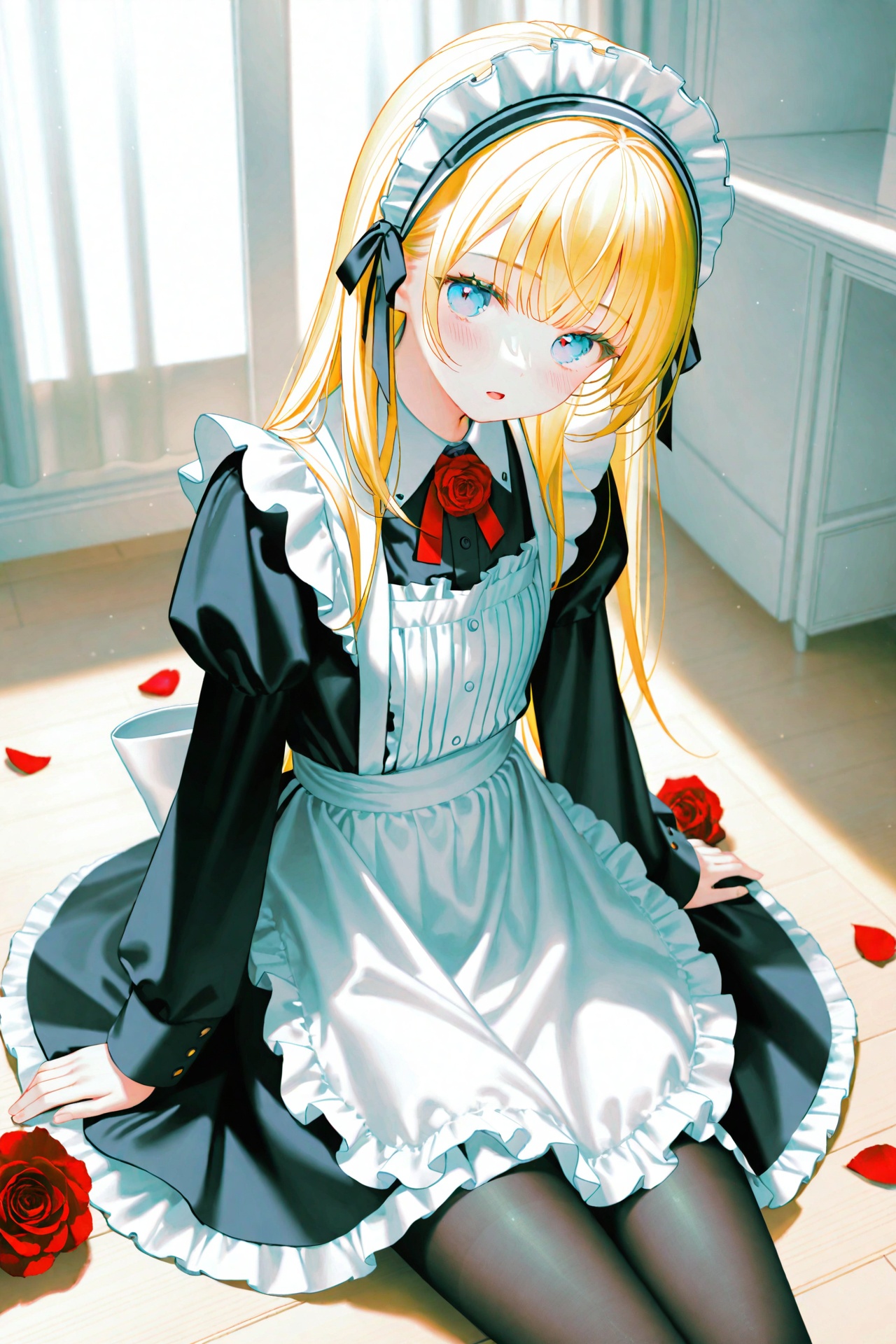 masterpiece,best quality,illustration,ultra detailed,hdr,Depth of field,(colorful),[Artist chen bin],[iumu],Artist roha,1girl,solo,long hair,rose,maid,blonde hair,maid headdress,flower,looking at viewer,red flower,apron,red rose,pantyhose,maid apron,dress,blush,petals,long sleeves,black pantyhose,sitting,frills,parted lips,blue eyes,black dress,white apron,rose petals,indoors,open mouth,