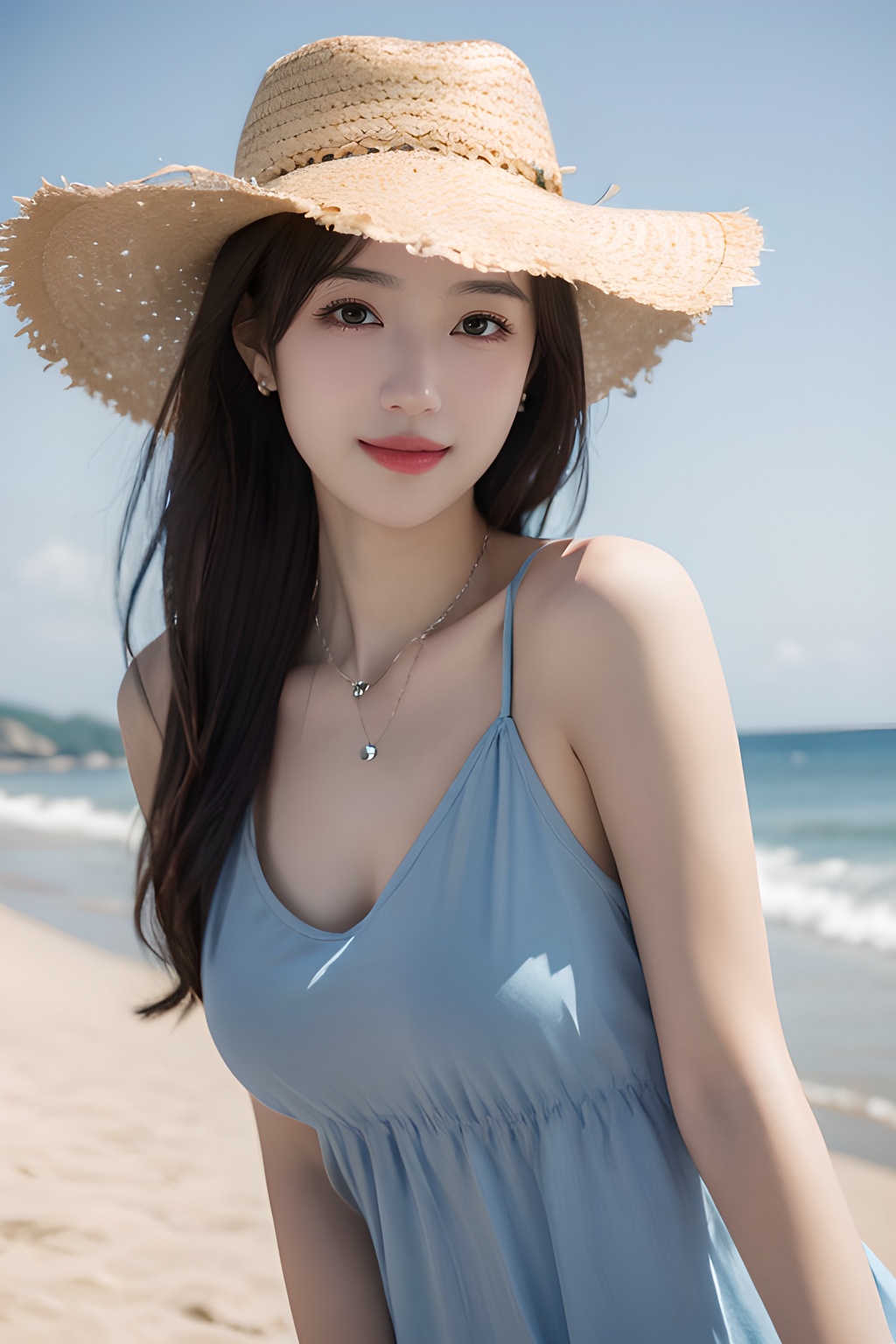 <lora:0811_03:0.7>,araffe girl with long hair wearing a straw hat and blue dress, 1girl, solo, hat, straw hat, long hair, looking at viewer, necklace, jewelry, heart necklace, smile, heart, brown hair, bangs, day, beach, outdoors, upper body, black hair, sunlight, closed mouth, swimsuit, selfie, sky, ocean,, 1girl,realistic,masterpiece, best quality, photorealistic, HDR,detail