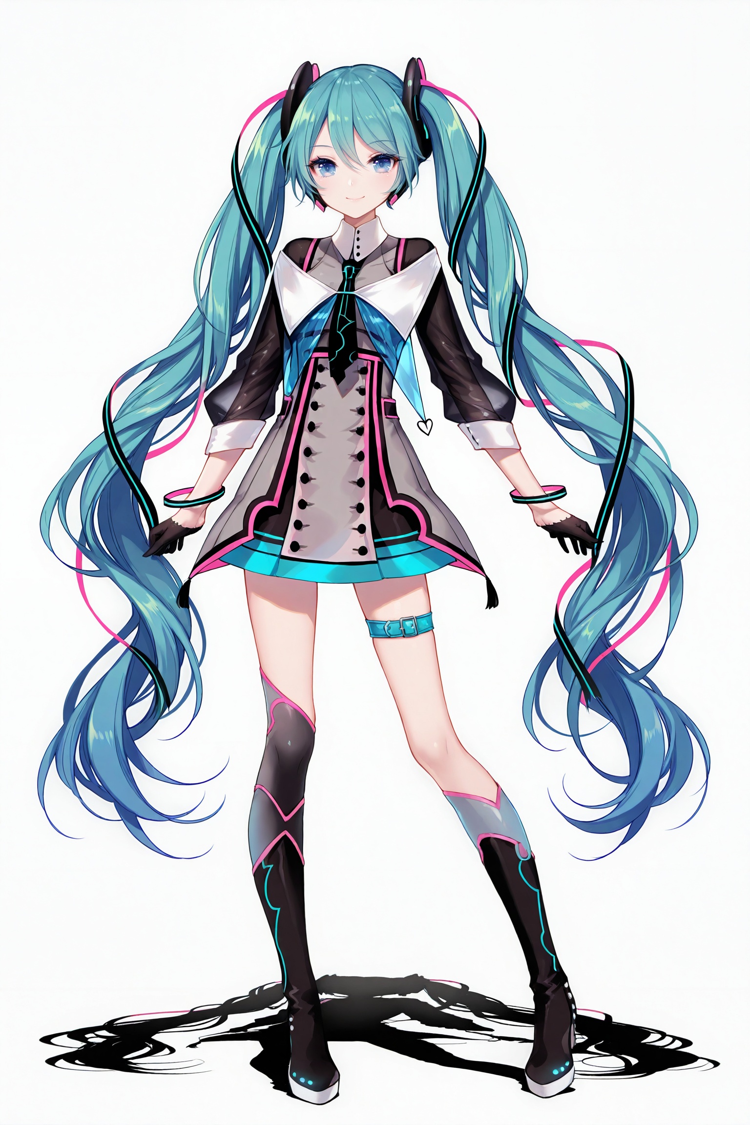 masterpiece,best quality,newest,absurdres,highres,soft shadows,photorealistic,(bison cangshu:0.5),(fuzichoco:0.6),(rimuu:0.5),(mignon:0.5),(sheya:0.6),<lora:mmiku:1>,magical mirai miku \(2015\),skirt,jacket,boots,bracelet,hair ornaments,hair ribbon,thigh strap,half gloves,smile,full body,standing,legs apart