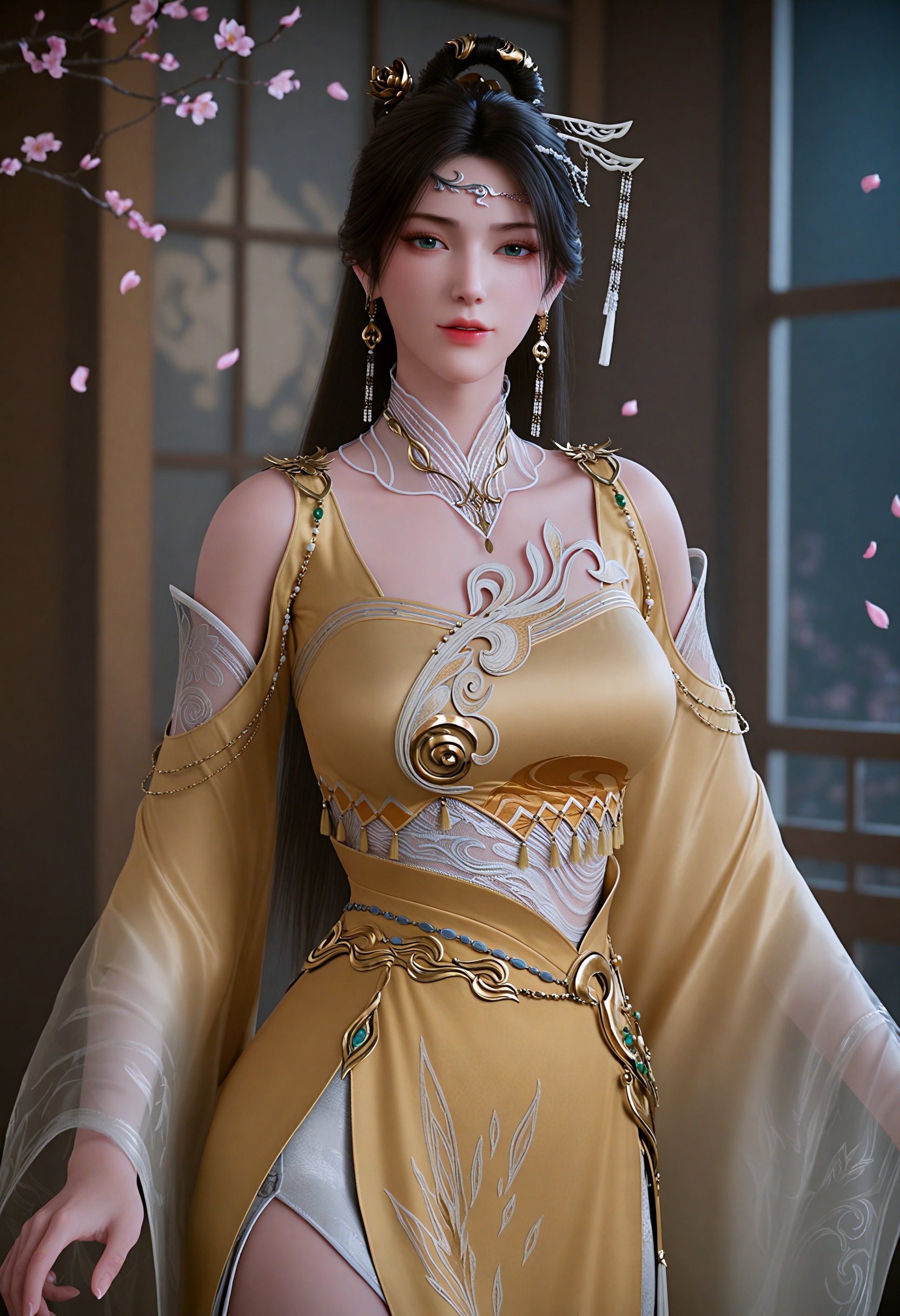 (gigantic breasts:0.6),(slender:1.3),(looking_at_viewer:1.1),(masterpiece:1.1),(best quality:1.2),(intricate details),upper_body,dim lighting,(smog:1.3),(Dark room:1.3),(dim lighting:1.3),peach blossom,falling petals,<lora:YQ_li光辉v5_金瓶儿_V1:0.8>,1girl,solo,q1528437228,long_hair,jewelry,earrings,hair_ornament,dress,black_hair,realistic,chinese_clothes,yellow_dress,green_eyes,brown_hair,hair_bun,necklace,single_hair_bun,bare_legs,feet,hair_rings,masterpiece,(best quality),(intricate details:0.9) BREAK masterpiece,(best quality),(intricate details:0.9),(realistic skin:1.2),