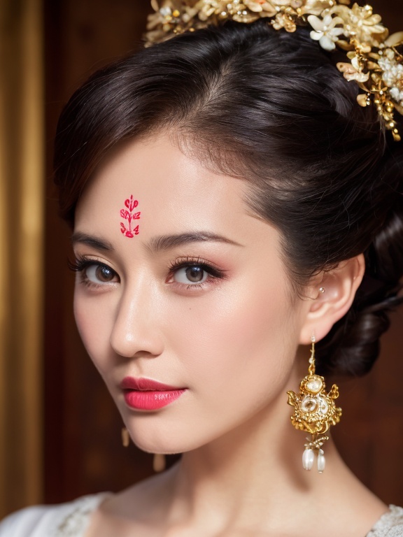 ((huadian)),close-up,High detail RAW color front view Picture of a stunning beautiful chinese girl,((light_smile)),((solo_focus,centered,looking at viewer:1.3)),(face_focus:1.2),((Her low-tied_updo with jewelry_accessories)),very_long_chain_earrings_with_green_drop,tiara,tassel,((intricated hair_ornament:1.2)),pale_skin,kanzashi,lipstick,chinese clothes,hair stick,parted lips,black_hair,ancient,gold embroidery,((intricated details:1.2)),((32k,RAW photo,best quality, masterpiece:1.2)),(photorealistic,Realistic:1.37),cinematic lighting,film still,atmosphere,ultra-detailed_face,detailed_eyes,long eyelashes,ultra-detailed skin and clothes,<lora:huadian_20240408133132:0.9>,,forehead,headwear,((Her divine attire is resplendent with jewels)),fire_forehead_mark,