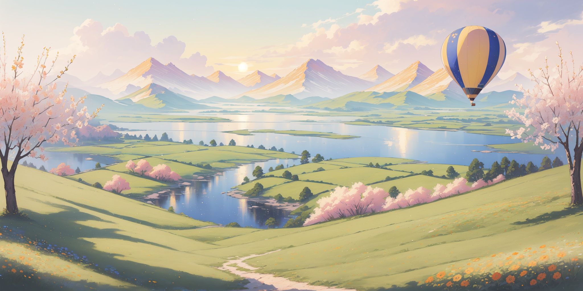scenery,outdoors,light particles,beautiful detailed sky,beautiful detailed glow,best shadow,panorama,(Orchard, Apples, Blossoms, Spring, Trees, Colors, Serenity, Harvest:1.3),(misty lake: Misty lake, Hot air balloon, Sunrise, Aerial view, Adventure, Peacefulness:1.2),(Cherry blossoms, Country lane, Evening glow, Cherry blossom drift, Rural tranquility, Dusk scenery:1.1),(masterpiece, best quality, beautiful and aesthetic:1.3),extremely detailed CG,ultra-detailed,beautiful concept illustration,illustration,extremely fine and beautiful,perfect details,<lora:YOUHUA:1>,oil painting \(medium\),