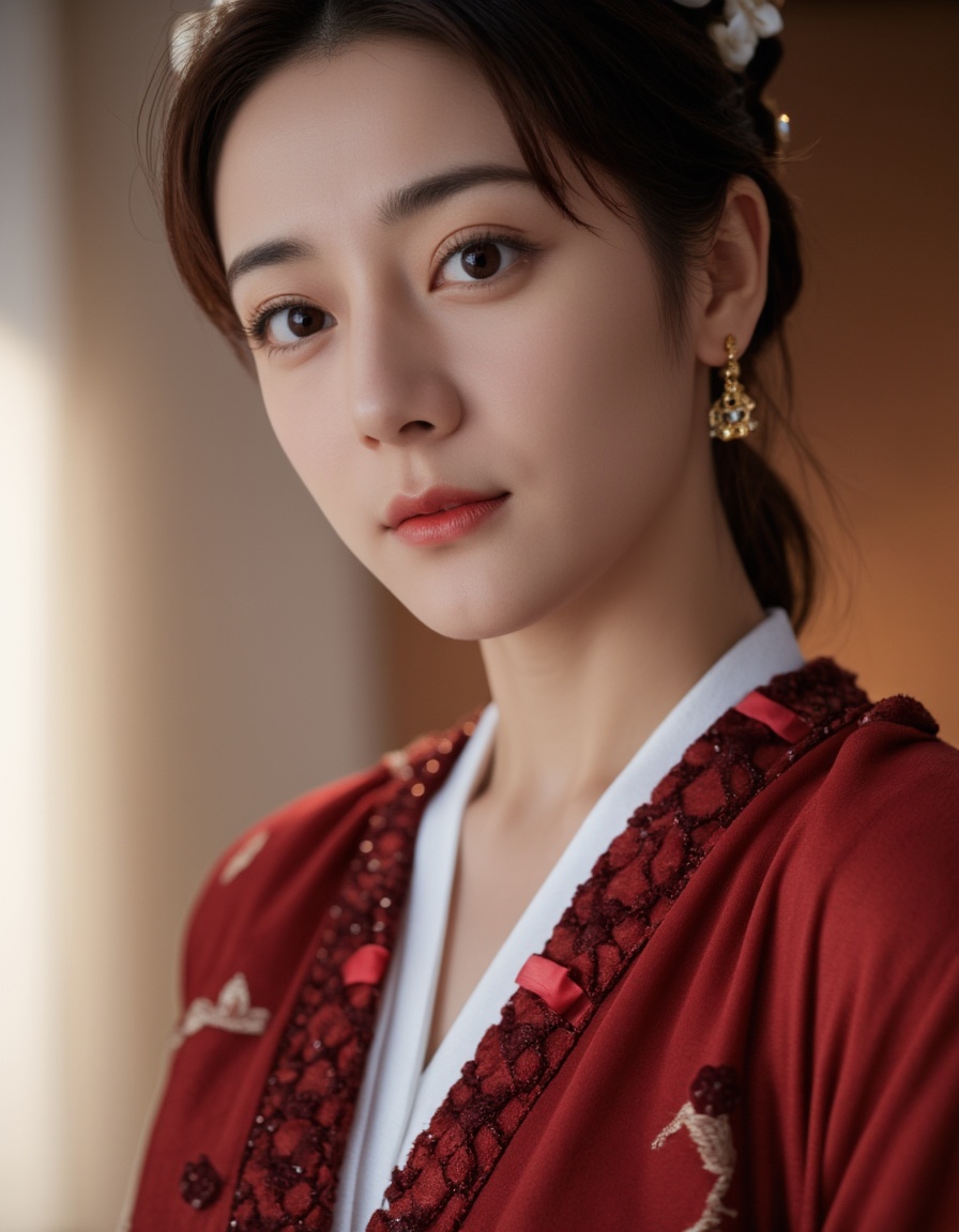 close-up,photograph,elegant woman in traditional chinese hanfu,vibrant red robe,intricate hair ornaments,serene expression,soft lighting background,cultural heritage,poised stance,historical ambiance., <lora:迪丽热巴flux-lora-000006:1>,