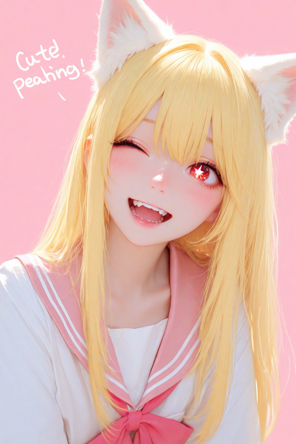 masterpiece,best quality,amazing quality,very aesthetic,absurdres,newest,highres,incredibly absurdres,1girl,solo,cute,yellow hair,red eyes,star-shaped pupils,long hair,serafuku,double teeth,wink,peace,cat ears,pastel pink background,text,peach,