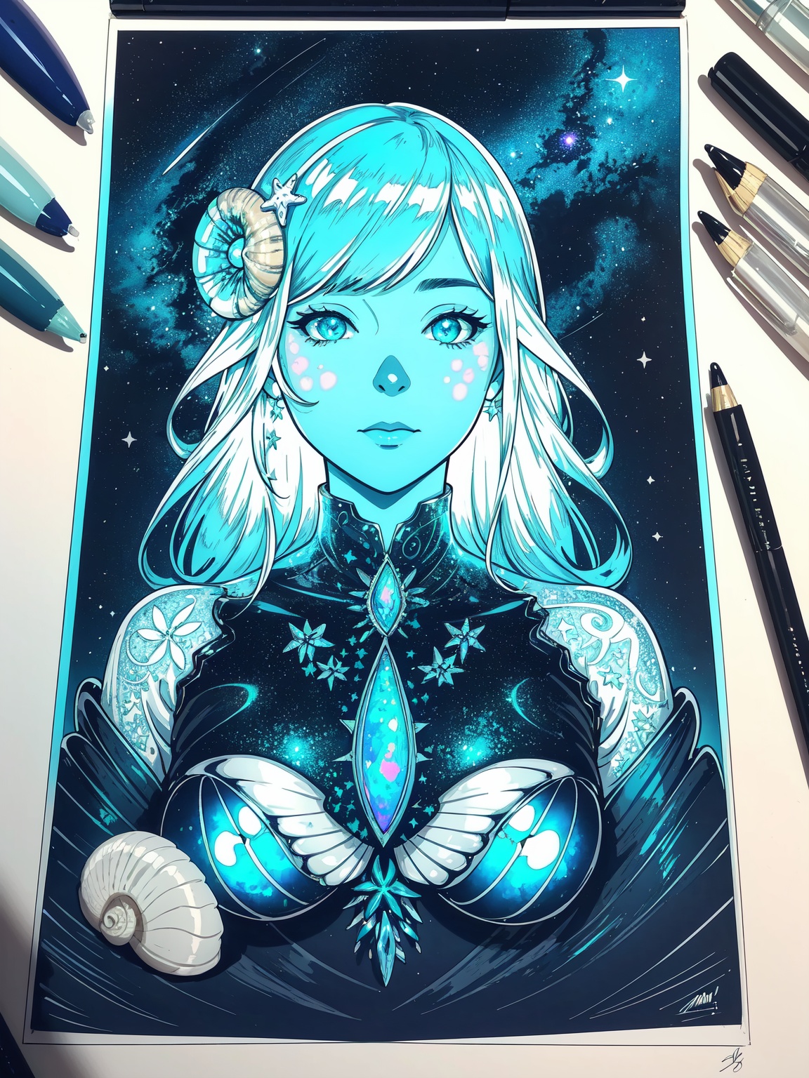 Drawing: Jim Mahfood,  Portrait,  Glass seashell filled with bioluminescent seaweed on Tensor.Art