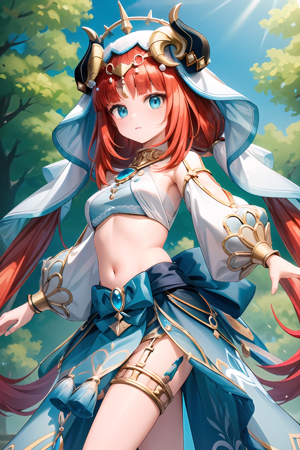 (masterpiece, best quality:1.2),insanely detailed,absurdres,ultra-highres,ultra-detailed,best quality,slender,kawaii,perfect symmetrical face,ultra cute girl,ultra cute face,ultra detailed eyes,ultra cute,ultra beautifu,<lora:nilou-000008:1>,nilou \(genshin impact\),1girl,veil,breasts,low twintails,nail polish,puffy long sleeves,jewelry,crop top,brooch,fake horns,gold trim,blue skirt,neck ruff,backless outfit,bare legs,headwear,tassel,forehead jewel,leg garter,gem,hair ornament,horned headwear,aqua eyes,outdoors,standing,