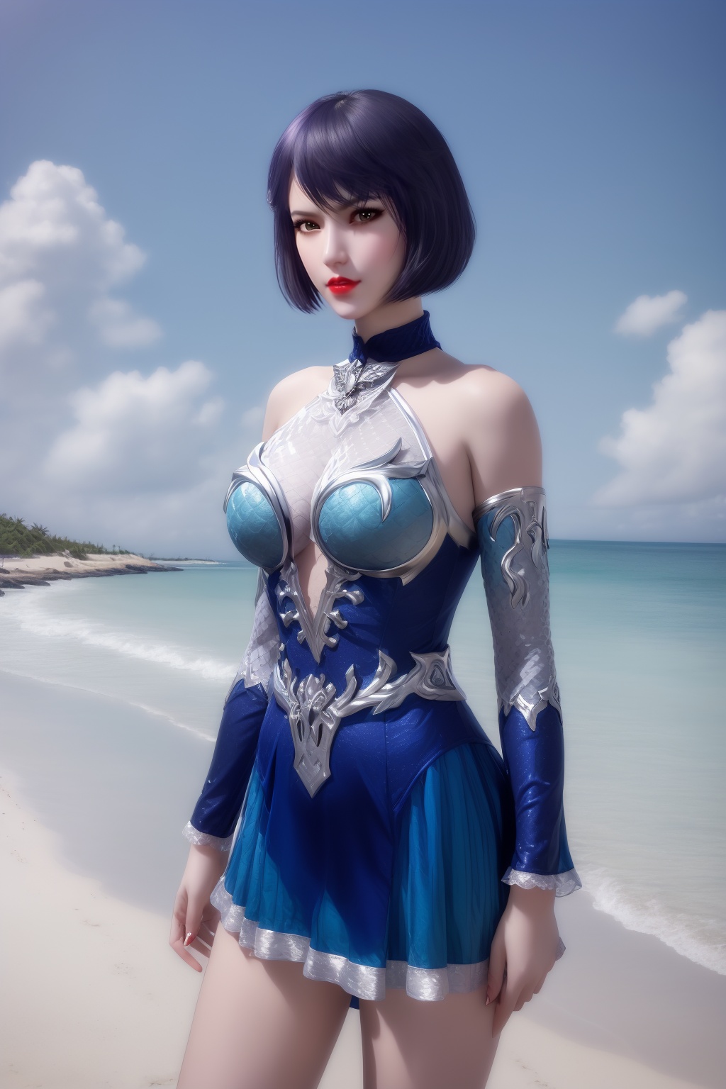 photo_\(medium\),(8k, RAW photo, best_quality),(masterpiece:1.2),(realistic:1.2),(photorealistic:1.3),(ultra-detailed),(extremely_detailed_cg_8k_wallpaper),(crystal_texture_skin:1.3),(shiny:1.2),(shiny_skin:1.4),(extremely_delicate_and_beautiful),(Summer,Beach,Sea,sunshine),shenfengDuGuYan,1girl,solo,short dress,charm,breasts,large breasts,detached sleeves,detached collar,short hair,standing,jewelry,hair ornament,red lips,realistic,looking at viewer,<lora:shenfengDuGuYan_20240506140926-000004:0.7>,