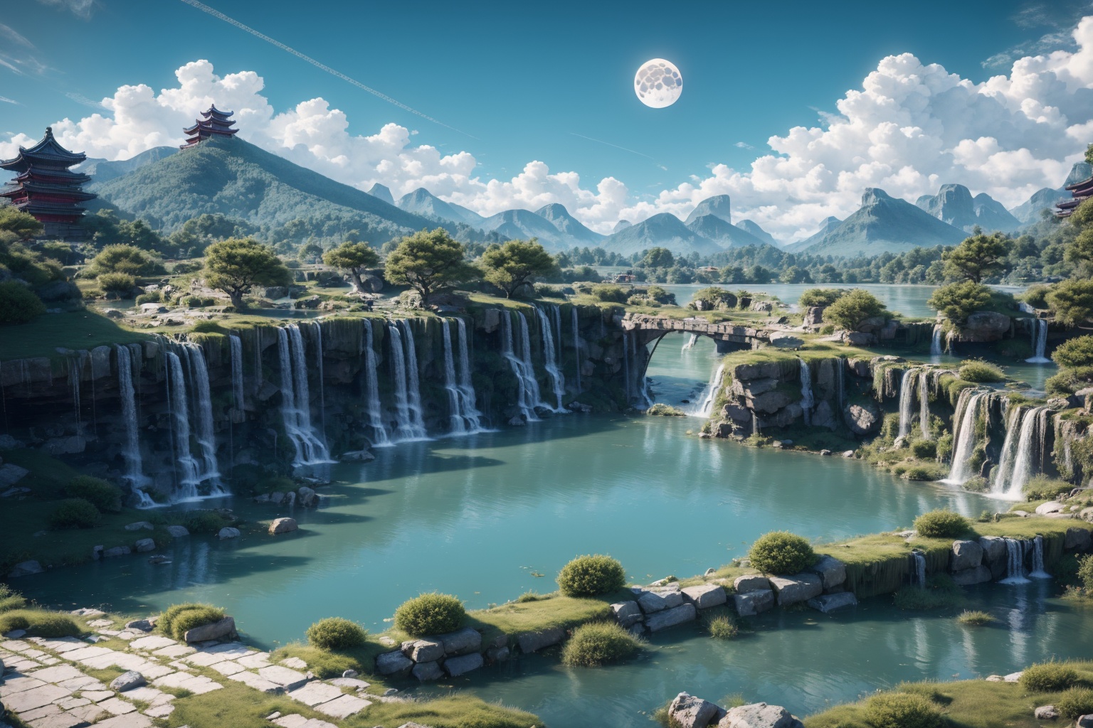 <lora:AgainGuofengStyle:1>,AgainGuofengStyle, scenery, outdoors, cloud, east asian architecture, architecture, no humans, bridge, sky, moon, tree, day, water, mountain, river, reflection, building, blue sky, grass, nature, reflective water, landscape, bush, rock, forest, waterfall, road, cloudy sky, lake