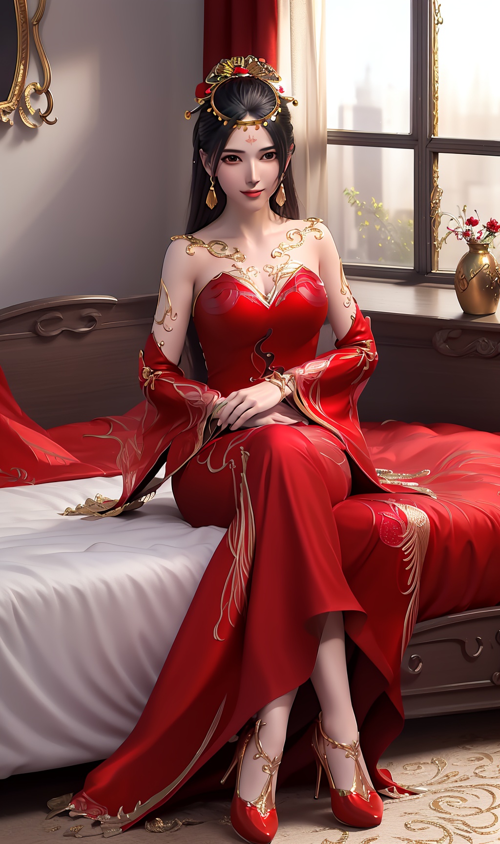 masterpiece,(best quality),official art, extremely detailed cg 8k wallpaper,((crystalstexture skin)), (extremely delicate and beautiful),highly detailed,1girl,solo,long hair,headwear,(sitting,sit down)),( hair),((red dress)),((full body)),sweet smile, (medium breasts),((hair_ornament)),(sunshine, indoor,(bed)),, <lora:hipoly3DModelLora_v10:0.3>