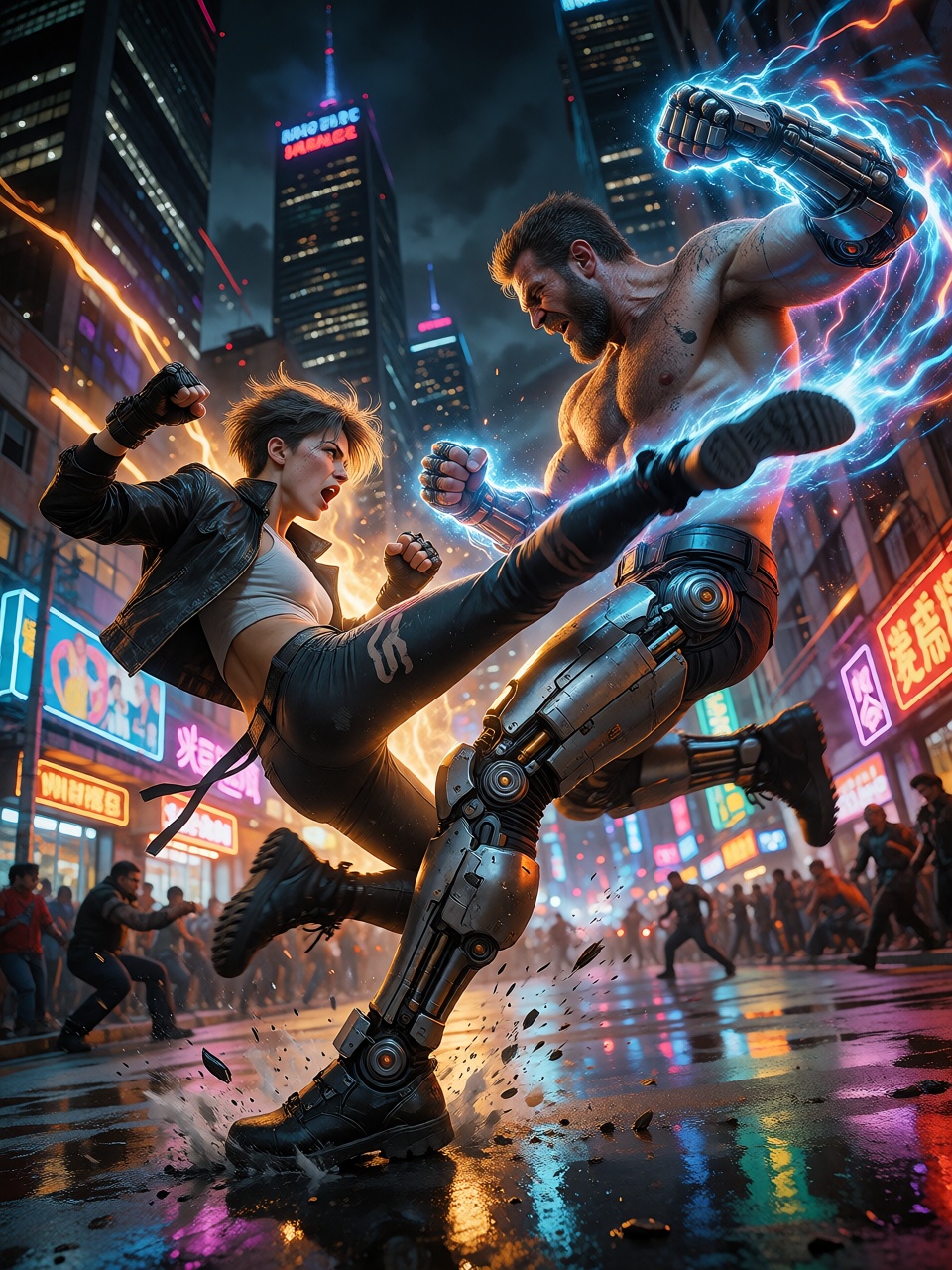 A realistic photo of In the heart of a bustling metropolis,  a fierce and intense battle unfolds between two skilled warri...