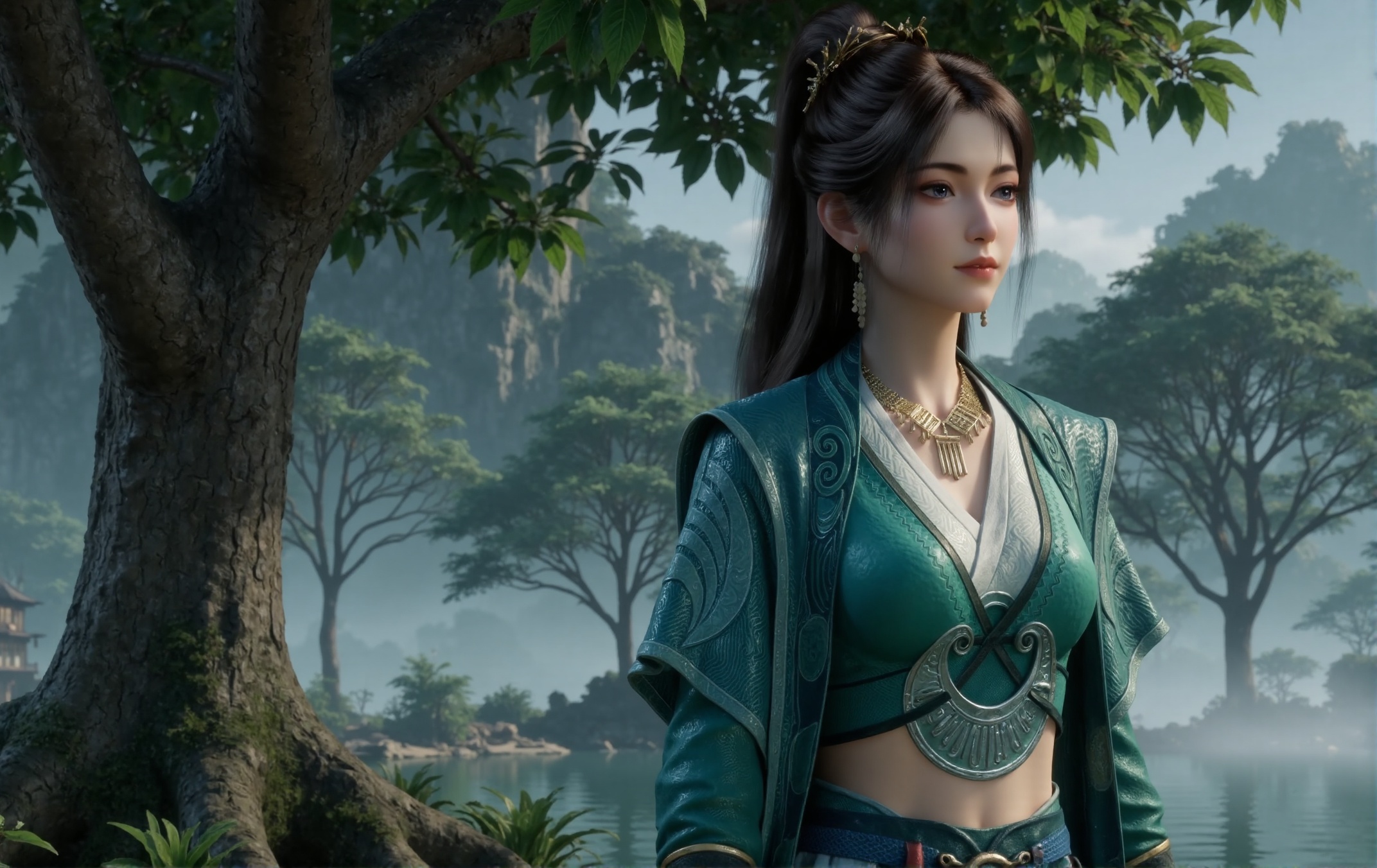 "Photograph capturing Mupeiling in a serene natural scene during gentle rain. Mupeiling wears an elegant traditional Chinese attire in teal with intricate patterns and a white inner layer,along with a small gold crown on her head. She also adorns herself with a gold necklace featuring dangling pendants and matching earrings. Her long dark hair is styled in a high ponytail,emphasizing the detailed jewelry and textures. She stands beneath a large tree with a thick trunk and vibrant green leaves,which provides shelter from the rain. Raindrops fall gracefully around her,creating a soft misty effect on the lush foliage. The ground is covered with calm,reflective water that mirrors the tree and sky above. The background features a simplified,dense forest of trees in varying shades of green,contributing to a peaceful and refreshing mood. The image highlights the tranquility and natural beauty,focusing on Mupeiling's detailed outfit and accessories.",