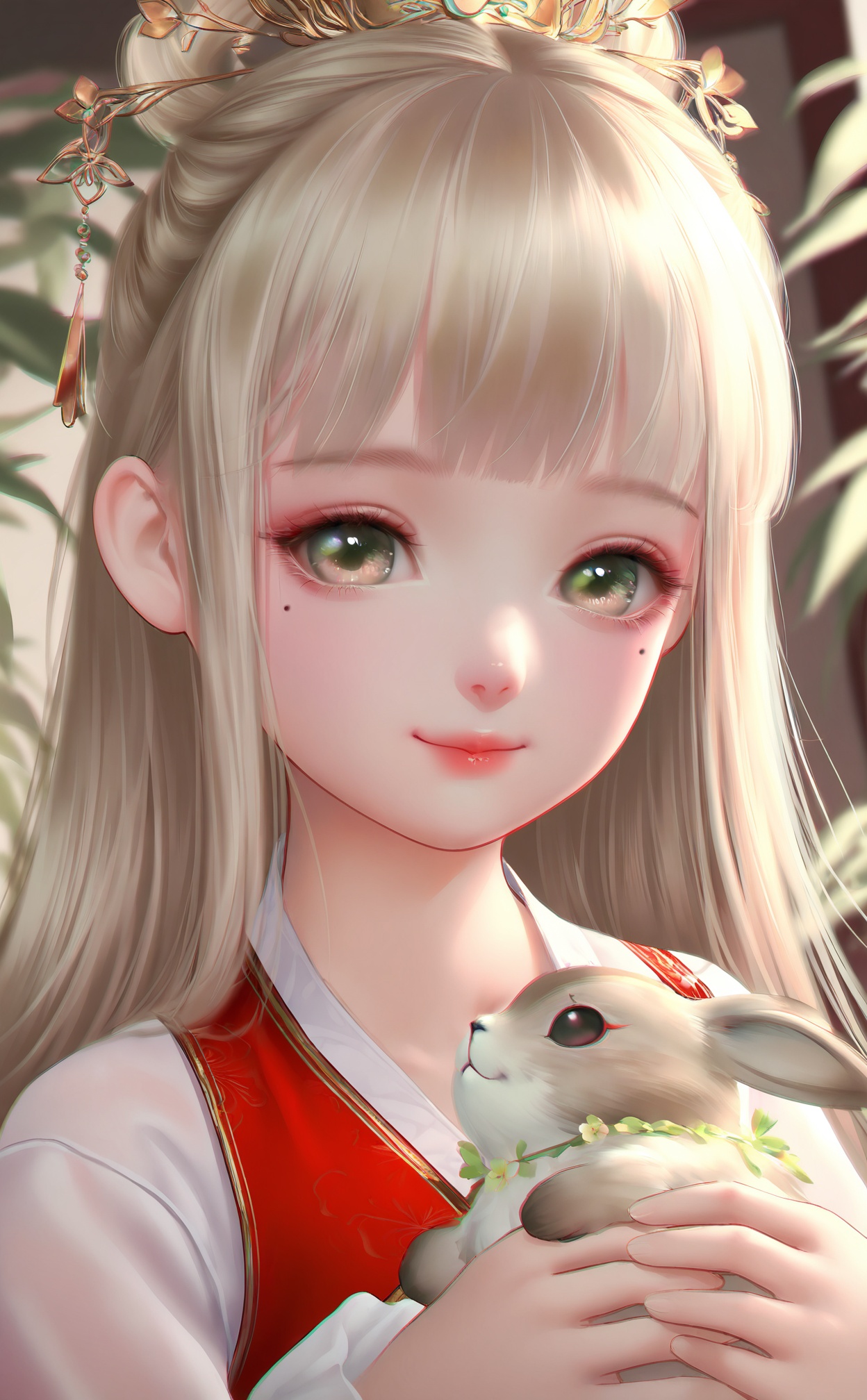 masterpiece,very aware,highres,absurdres,newest,best quality,loli,petite,high quality,chromatic_aberration,cinematic_angle,dutch angle,//,1girl,blonde hair,rabbit,green eyes,solo,looking at viewer,long hair,holding animal,hair ornament,animal,closed mouth,portrait,mole under eye,jewelry,chinese clothes,eyelashes,red lips,smile,hanfu,mole,blurry,holding,flower,blunt bangs,plant,masterpiece,very aware,highres,absurdres,newest,best quality,loli,petite,high quality,chromatic_aberration,cinematic_angle,dutch angle,//,<lora:touxiang——【noob】hans:0.8>,