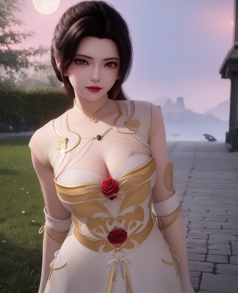 <lora:614-DA-炼气十万年-朴灵儿:0.8>(,1girl, ,best quality, ),looking at viewer,masterpiece, (( , )),, realistic,science fiction,mole, ultra realistic 8k cg, full moon,  rose,(cleavage), (),