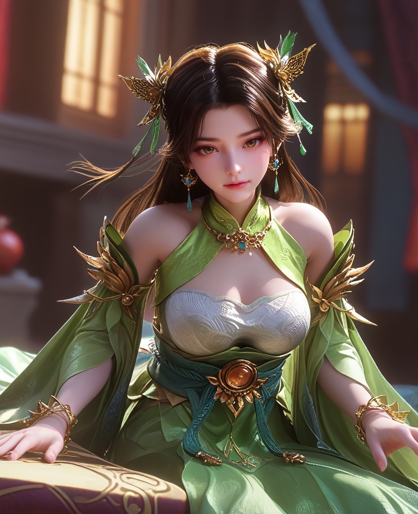 (oriental architecture, elegant decor, sophisticated style:1.1),(lying, On stomach, arms outstretched,:1.1),(Point-of-view shot:1.1),(large breasts:1.2),<lora:XL16云深不知梦少女云望舒:0.95>,adolescent girl,green dress with tulle skirt,white bandeau,brown eyes,black hair,long hair,hair ornament,jewelry,sash,detached sleeves,bracelet,green shoes,, score_9,score_8_up,score_7_up,score_6_up,score_5_up,score_4_up,3d rendering,tag1,tag2, Cinematic Lighting,backlighting,