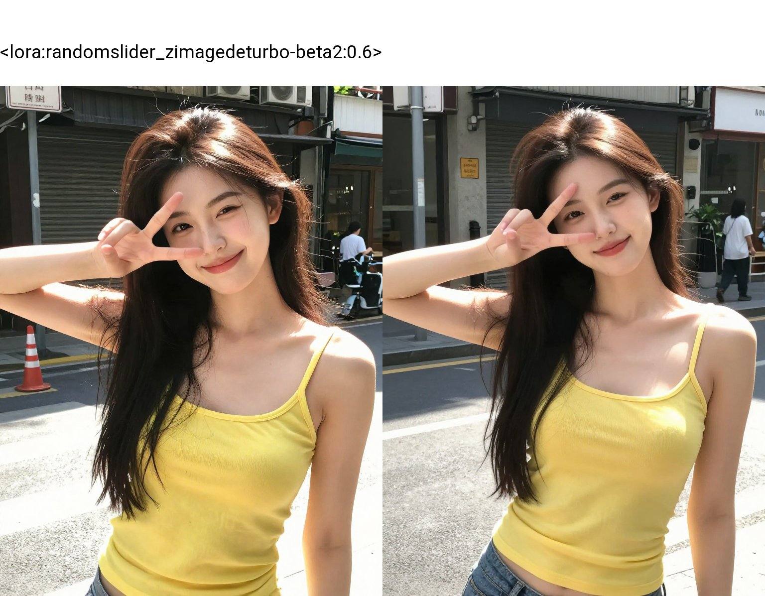 random natural postures and v_sign gestures,  1girl,  street on Tensor.Art